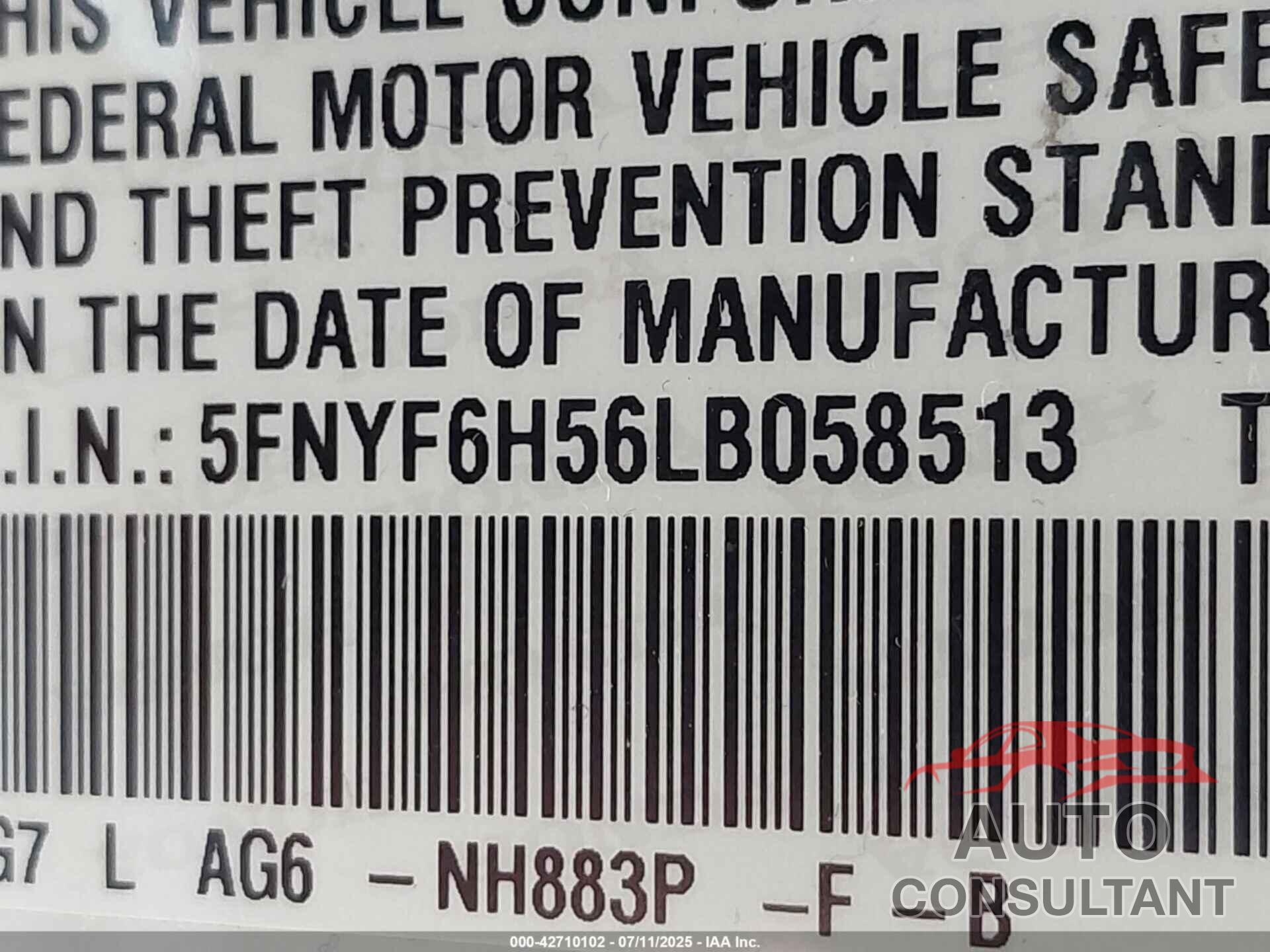 HONDA PILOT 2020 - 5FNYF6H56LB058513