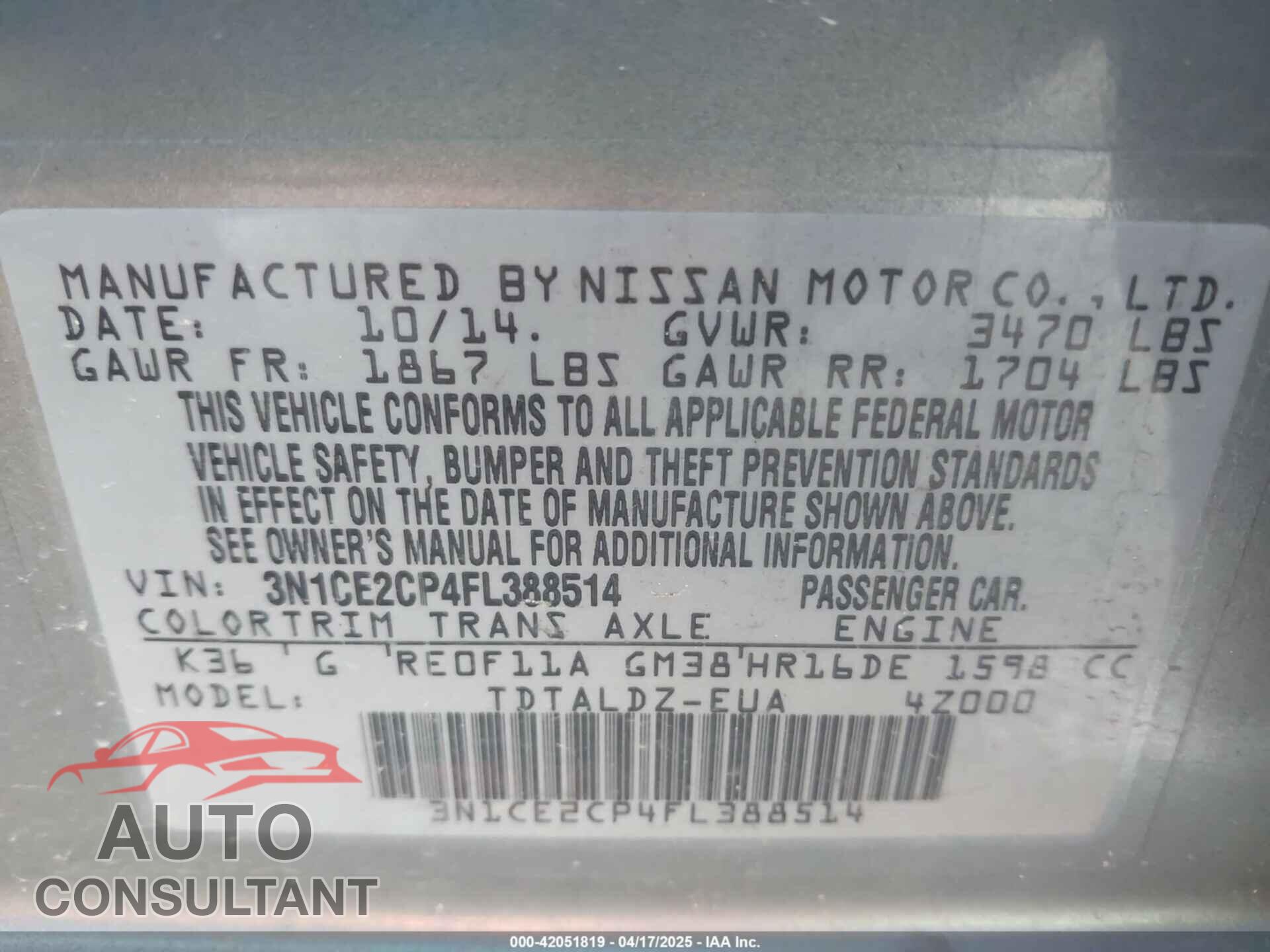 NISSAN VERSA NOTE 2015 - 3N1CE2CP4FL388514