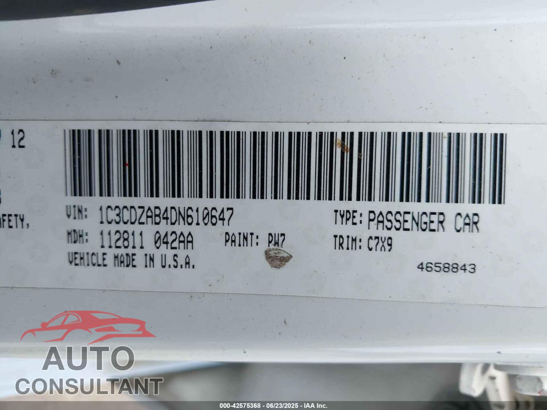 DODGE AVENGER 2013 - 1C3CDZAB4DN610647