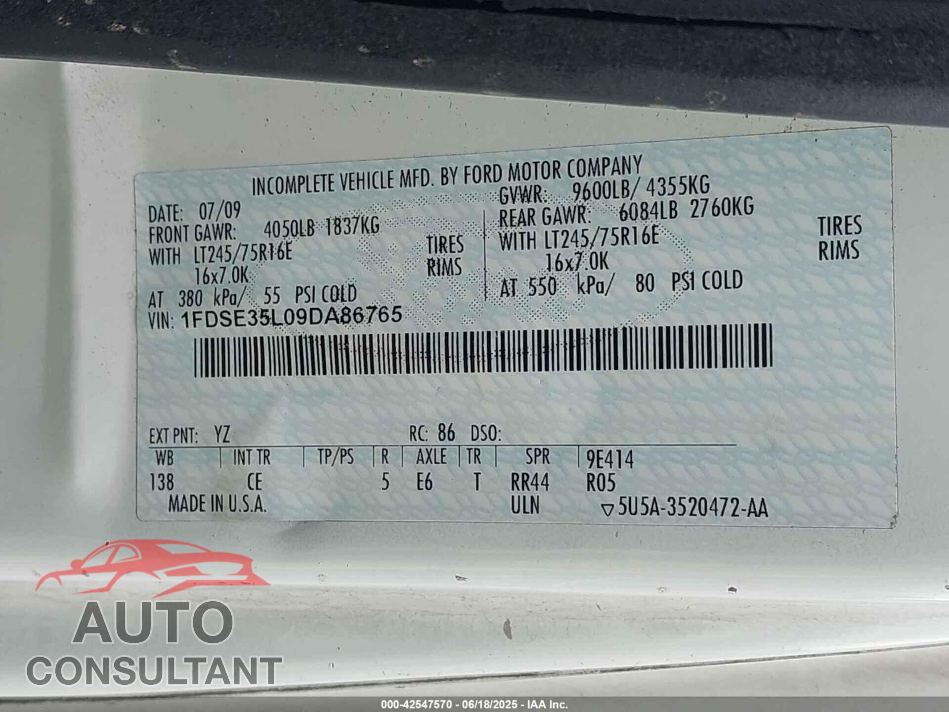 FORD E-350 CUTAWAY 2009 - 1FDSE35L09DA86765
