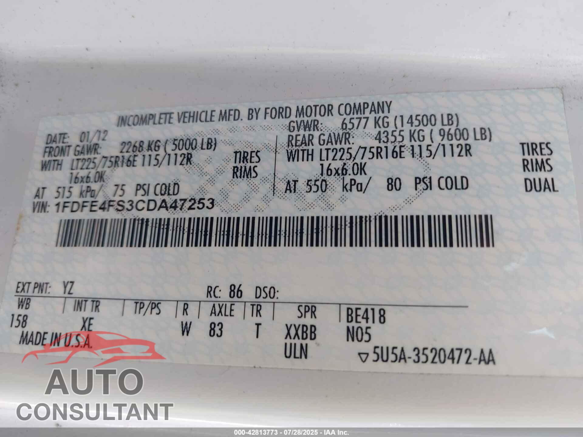 FORD E-450 CUTAWAY 2012 - 1FDFE4FS3CDA47253