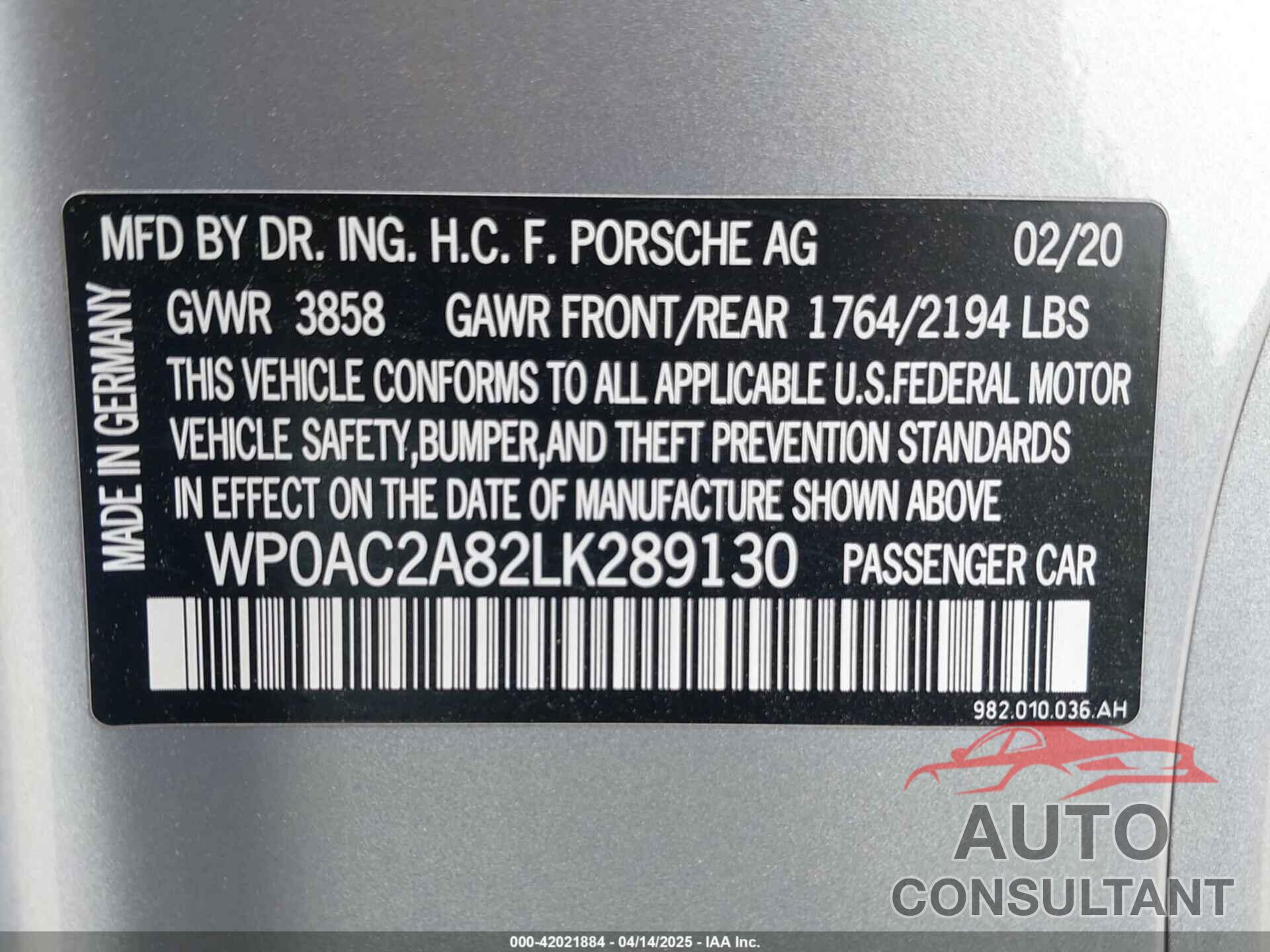 PORSCHE 718 CAYMAN 2020 - WP0AC2A82LK289130