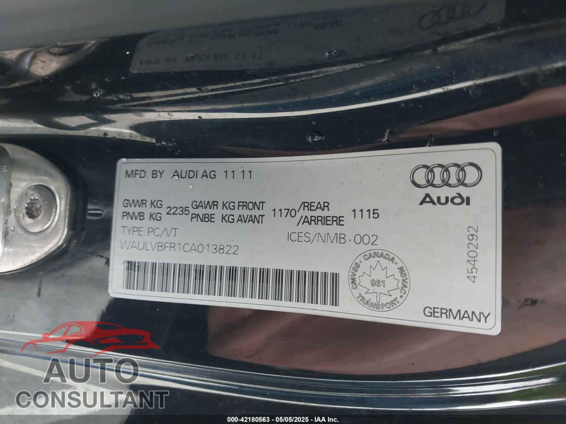 AUDI S5 2012 - WAULVBFR1CA013822