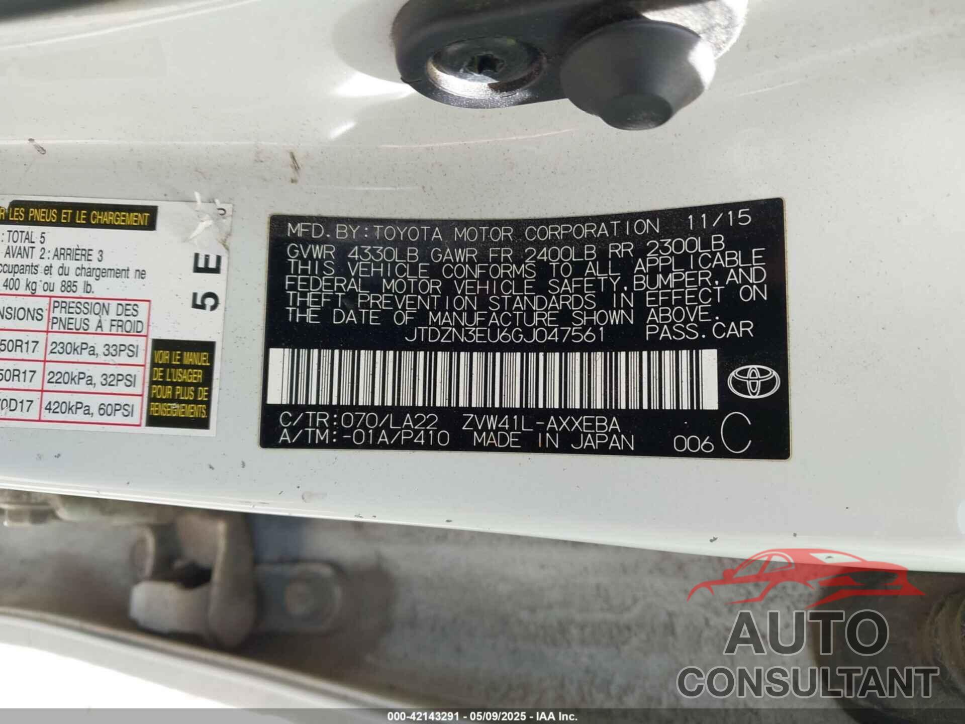 TOYOTA PRIUS V 2016 - JTDZN3EU6GJ047561