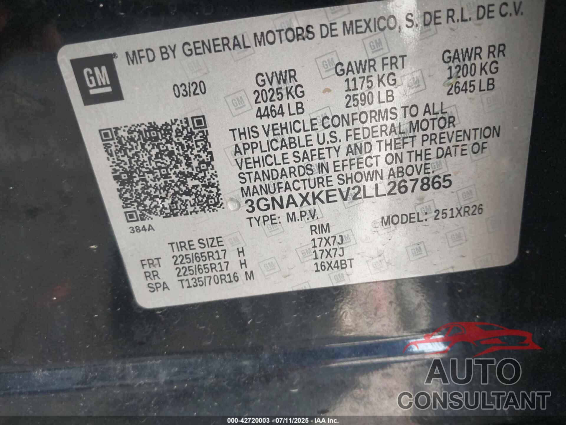 CHEVROLET EQUINOX 2020 - 3GNAXKEV2LL267865