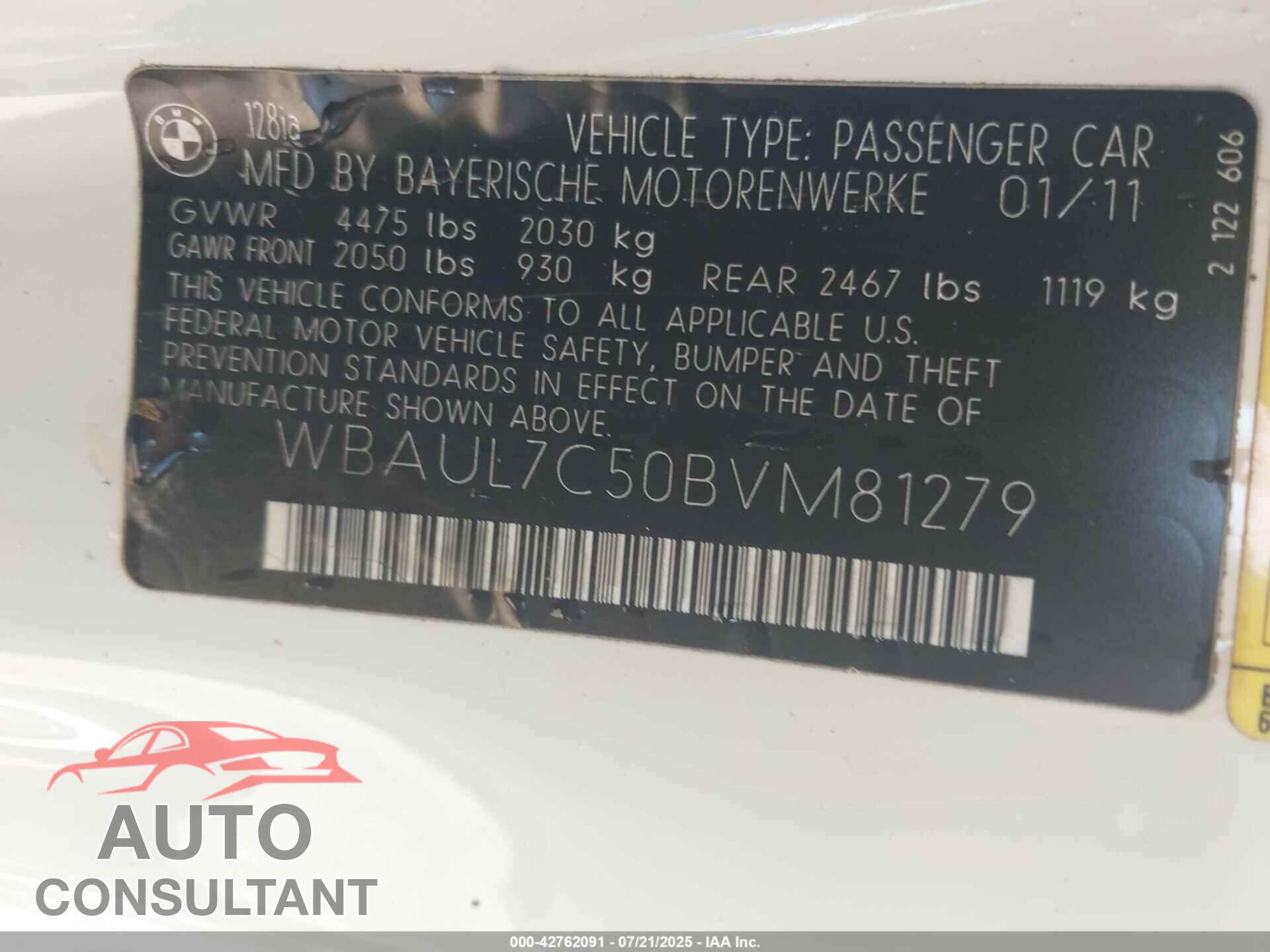 BMW 128I 2011 - WBAUL7C50BVM81279