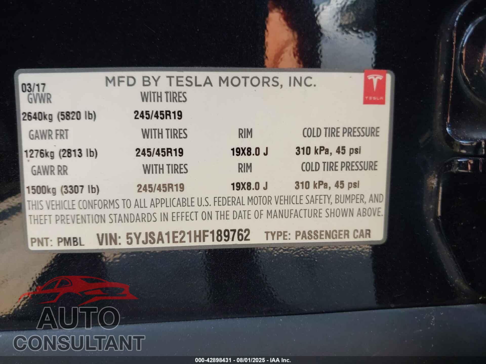 TESLA MODEL S 2017 - 5YJSA1E21HF189762