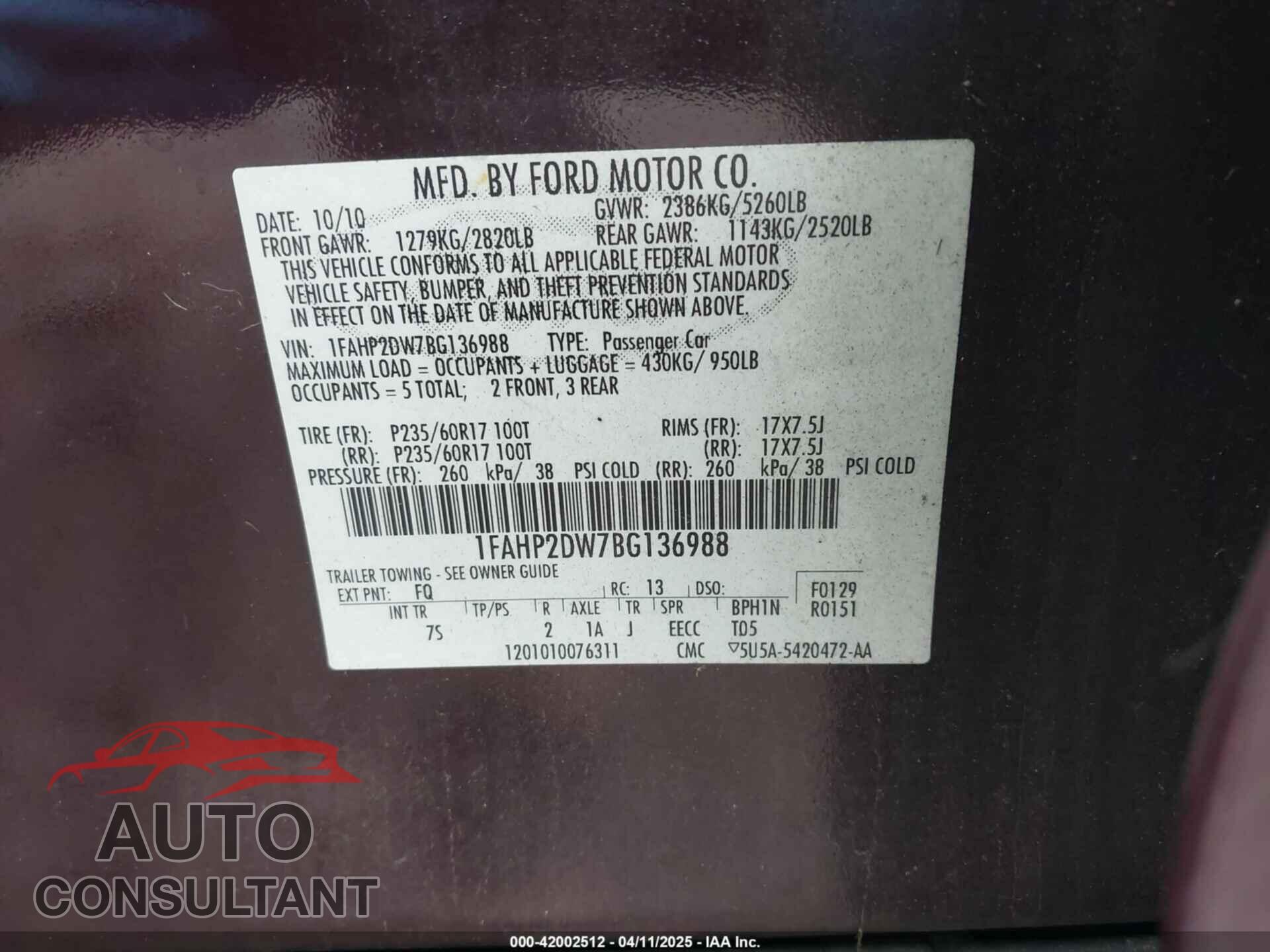 FORD TAURUS 2011 - 1FAHP2DW7BG136988