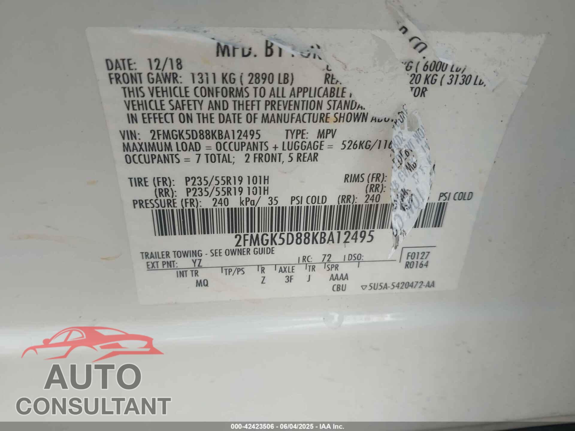 FORD FLEX 2019 - 2FMGK5D88KBA12495
