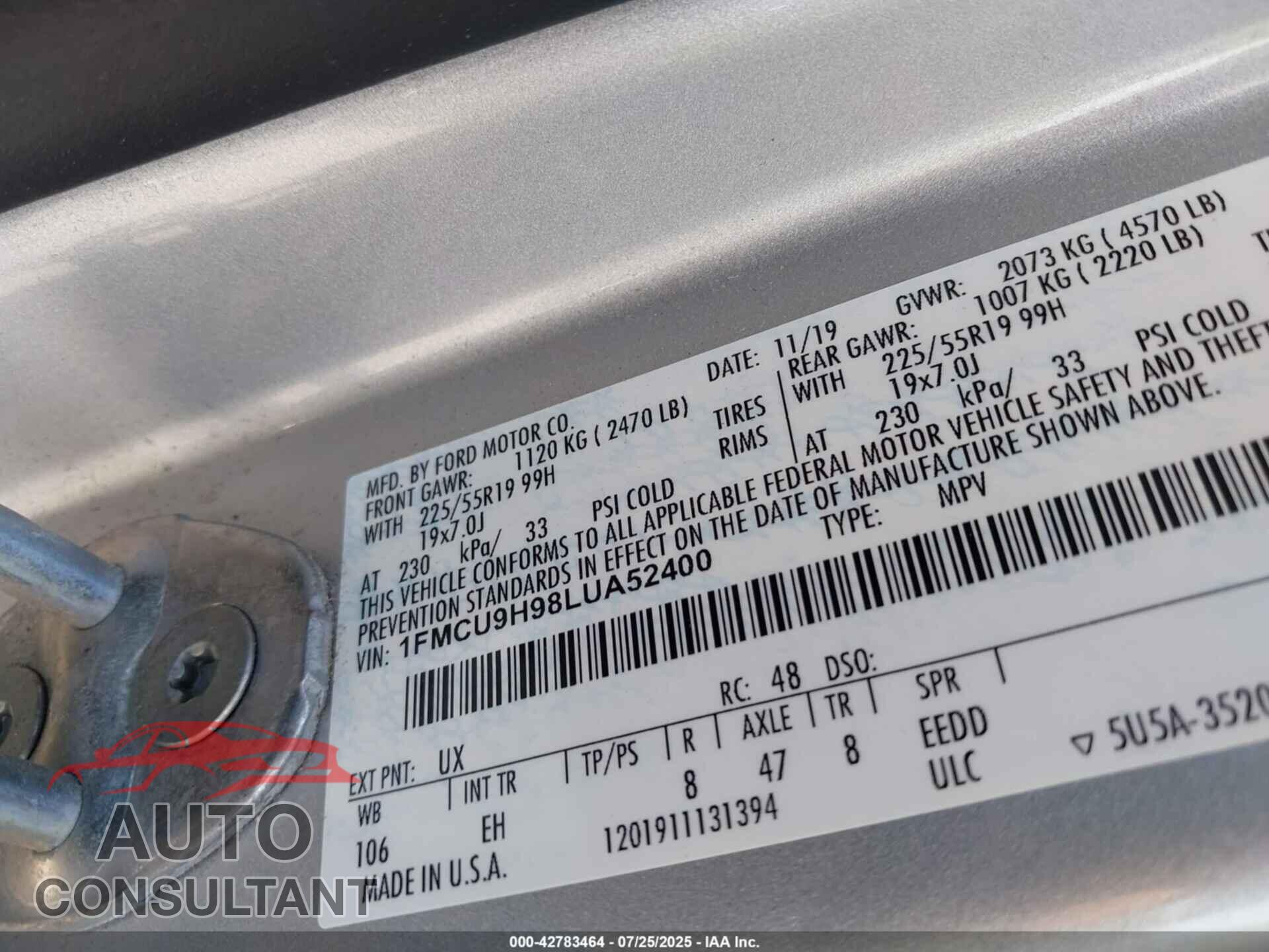 FORD ESCAPE 2020 - 1FMCU9H98LUA52400