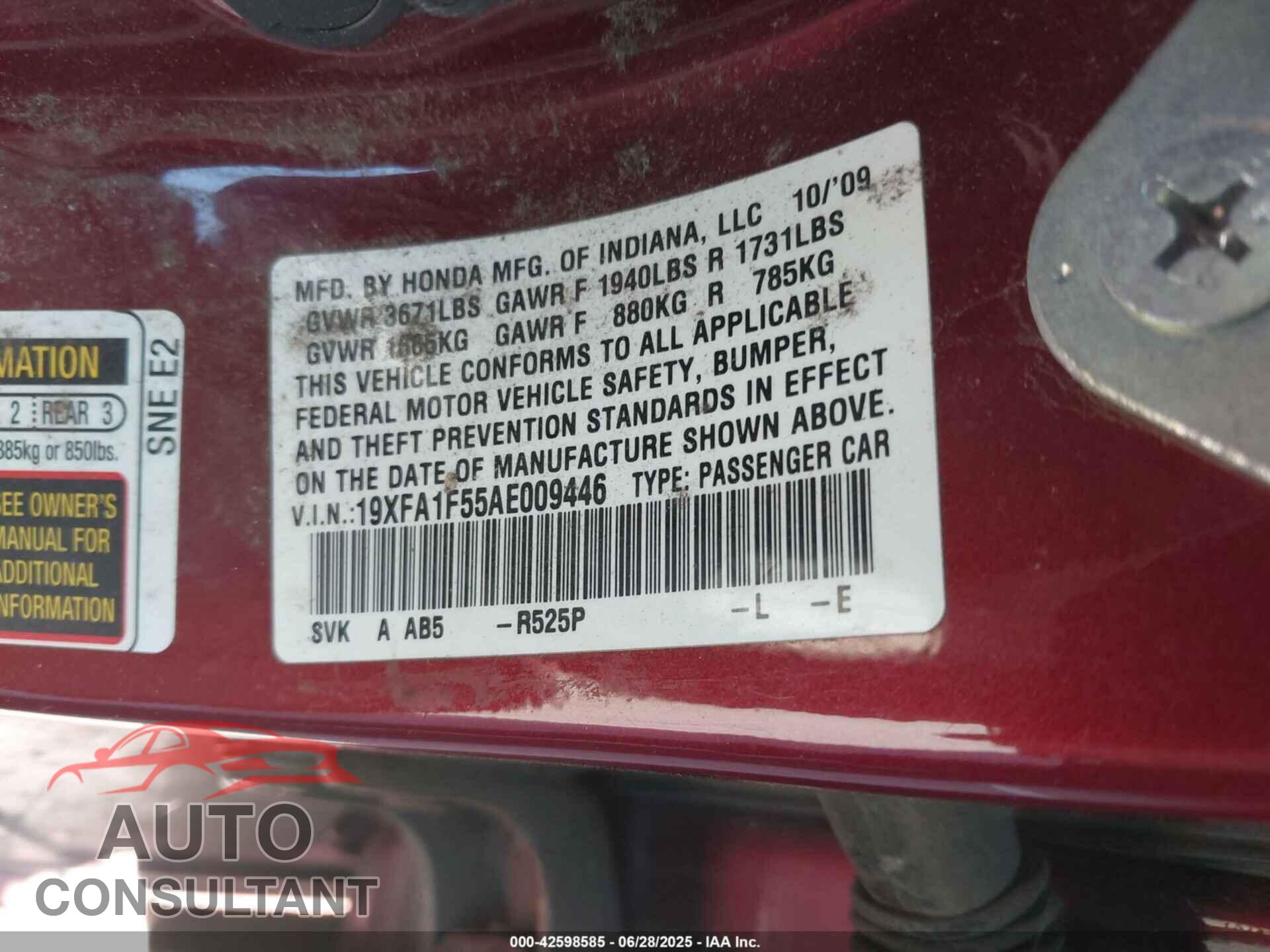 HONDA CIVIC 2010 - 19XFA1F55AE009446