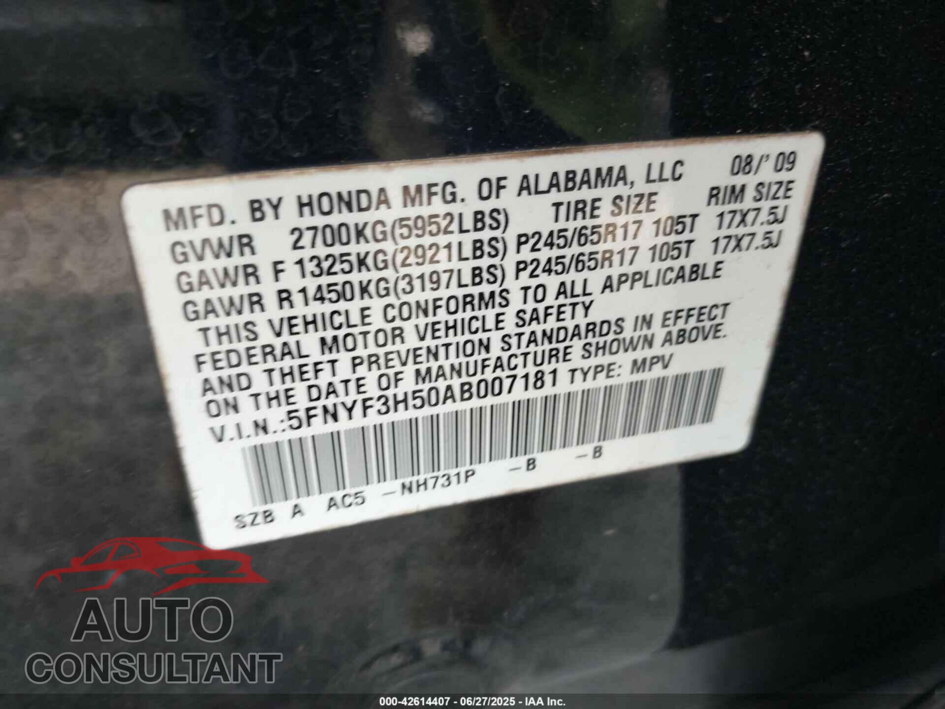 HONDA PILOT 2010 - 5FNYF3H50AB007181