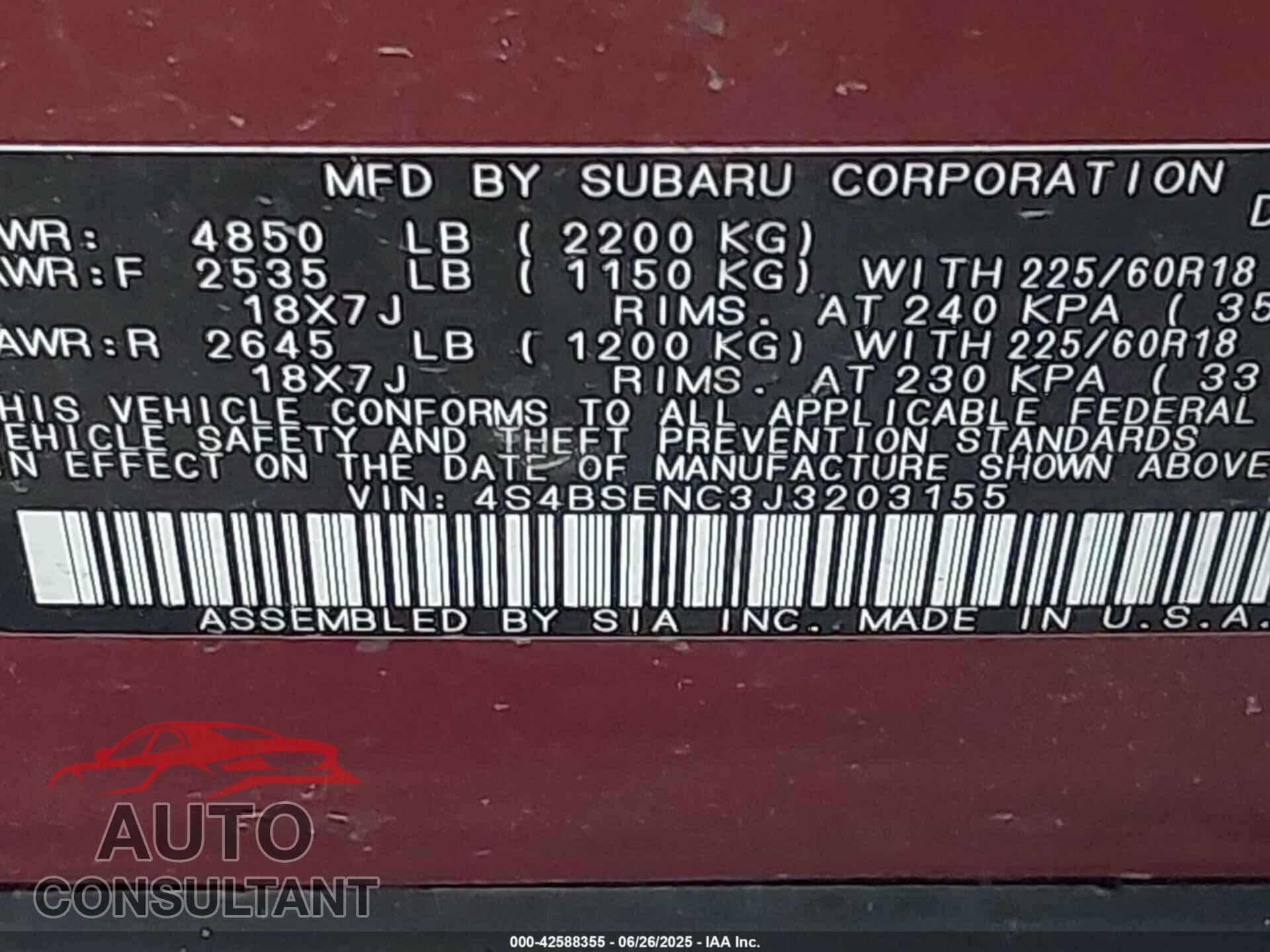 SUBARU OUTBACK 2018 - 4S4BSENC3J3203155