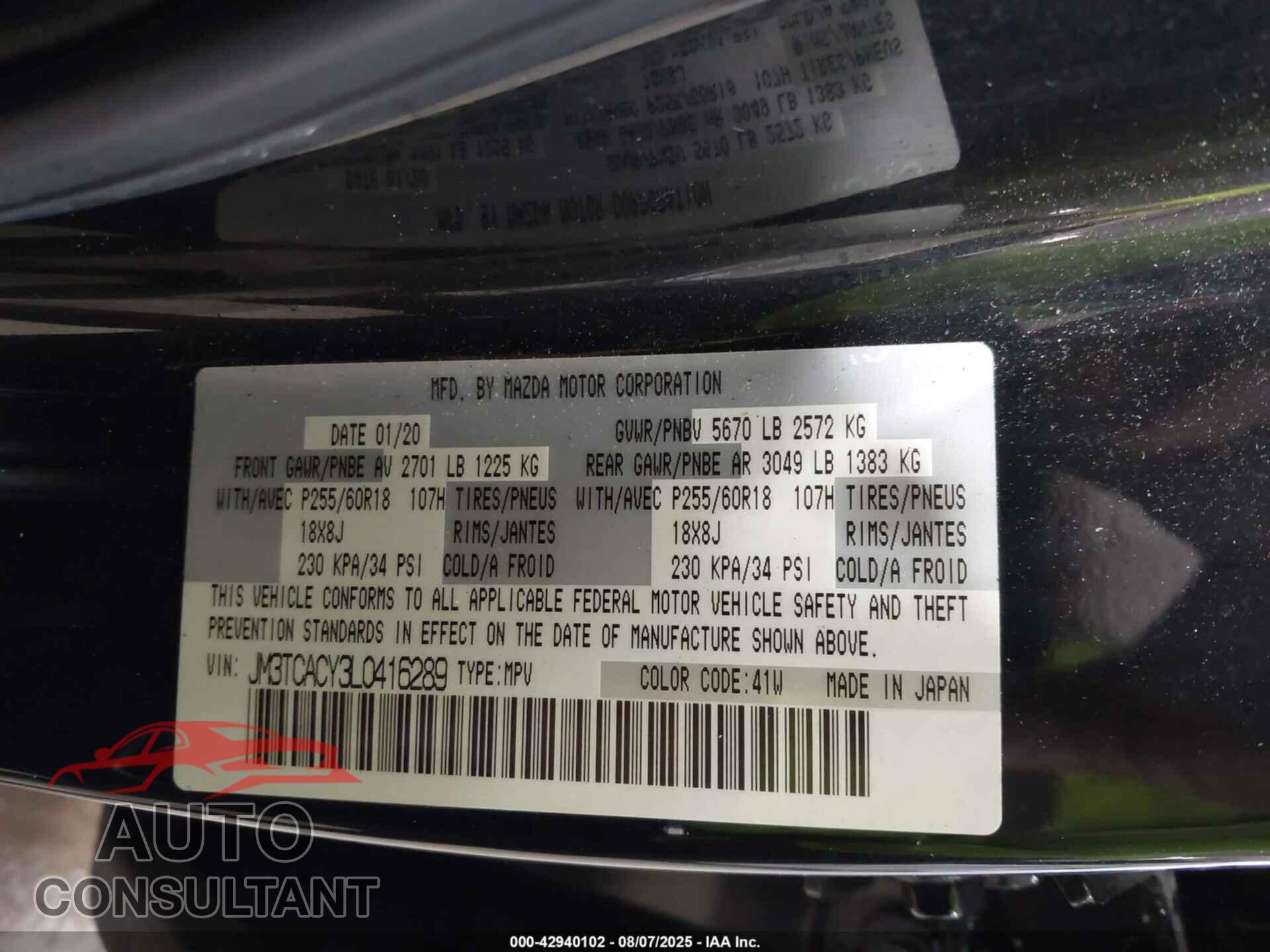 MAZDA CX-9 2020 - JM3TCACY3L0416289