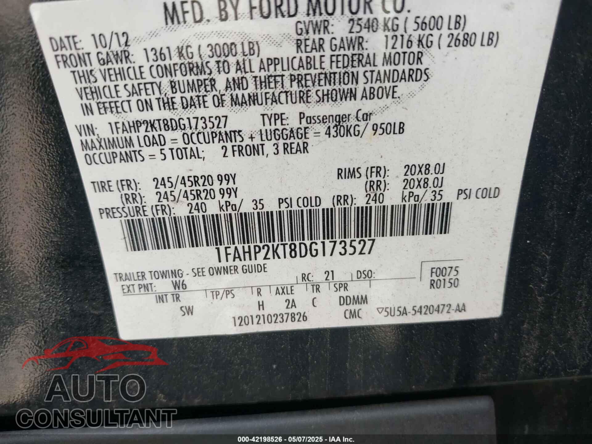 FORD TAURUS 2013 - 1FAHP2KT8DG173527