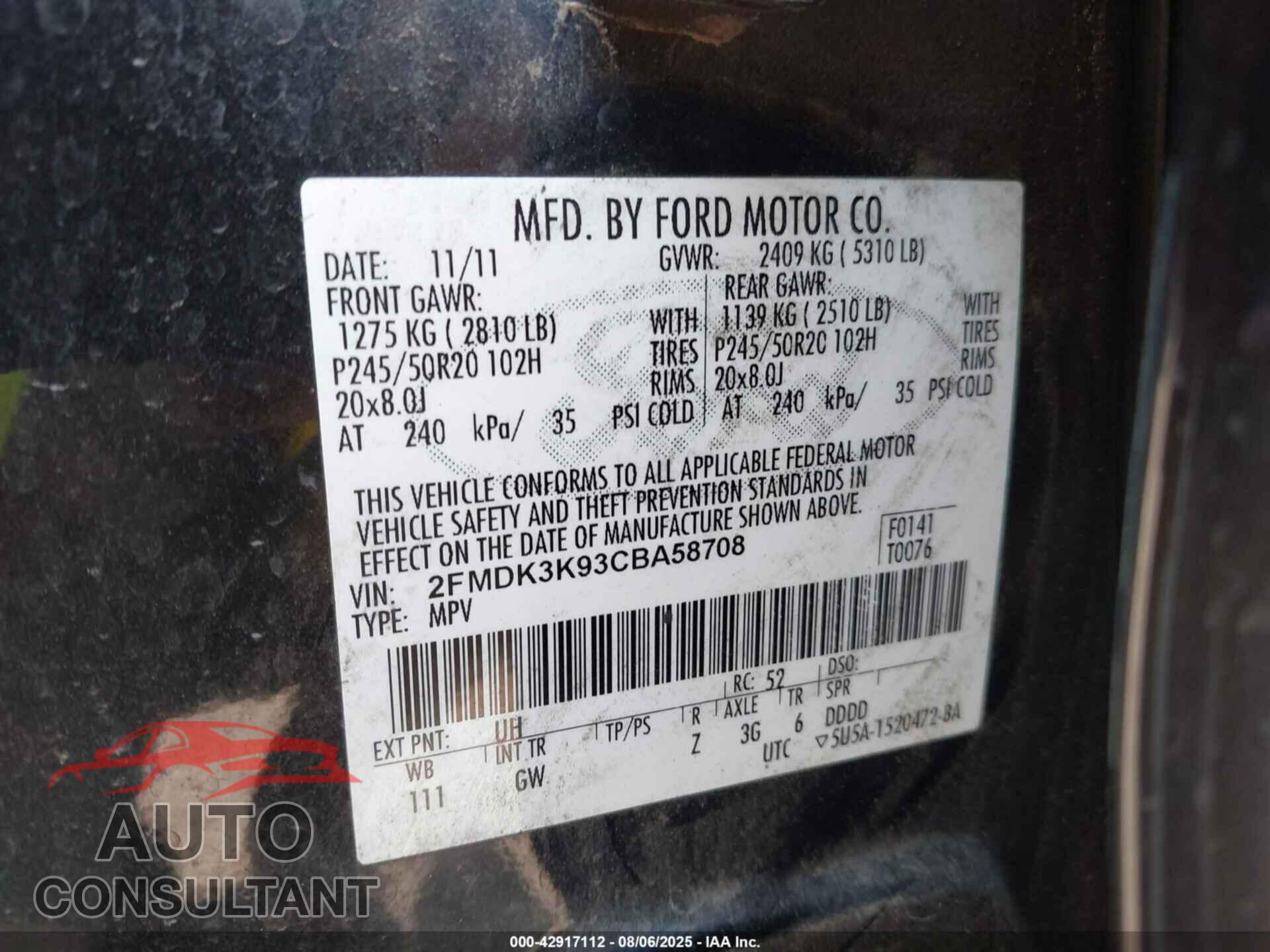 FORD EDGE 2012 - 2FMDK3K93CBA58708