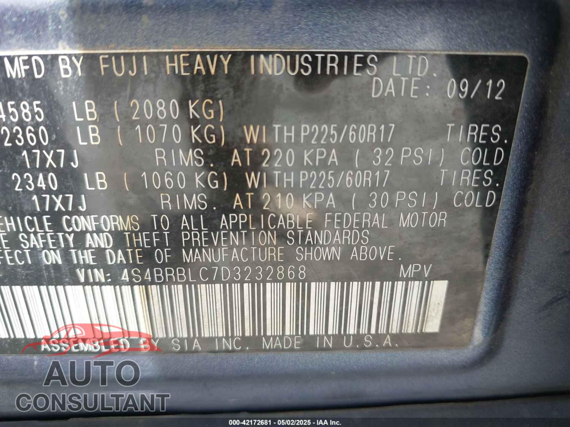 SUBARU OUTBACK 2013 - 4S4BRBLC7D3232868
