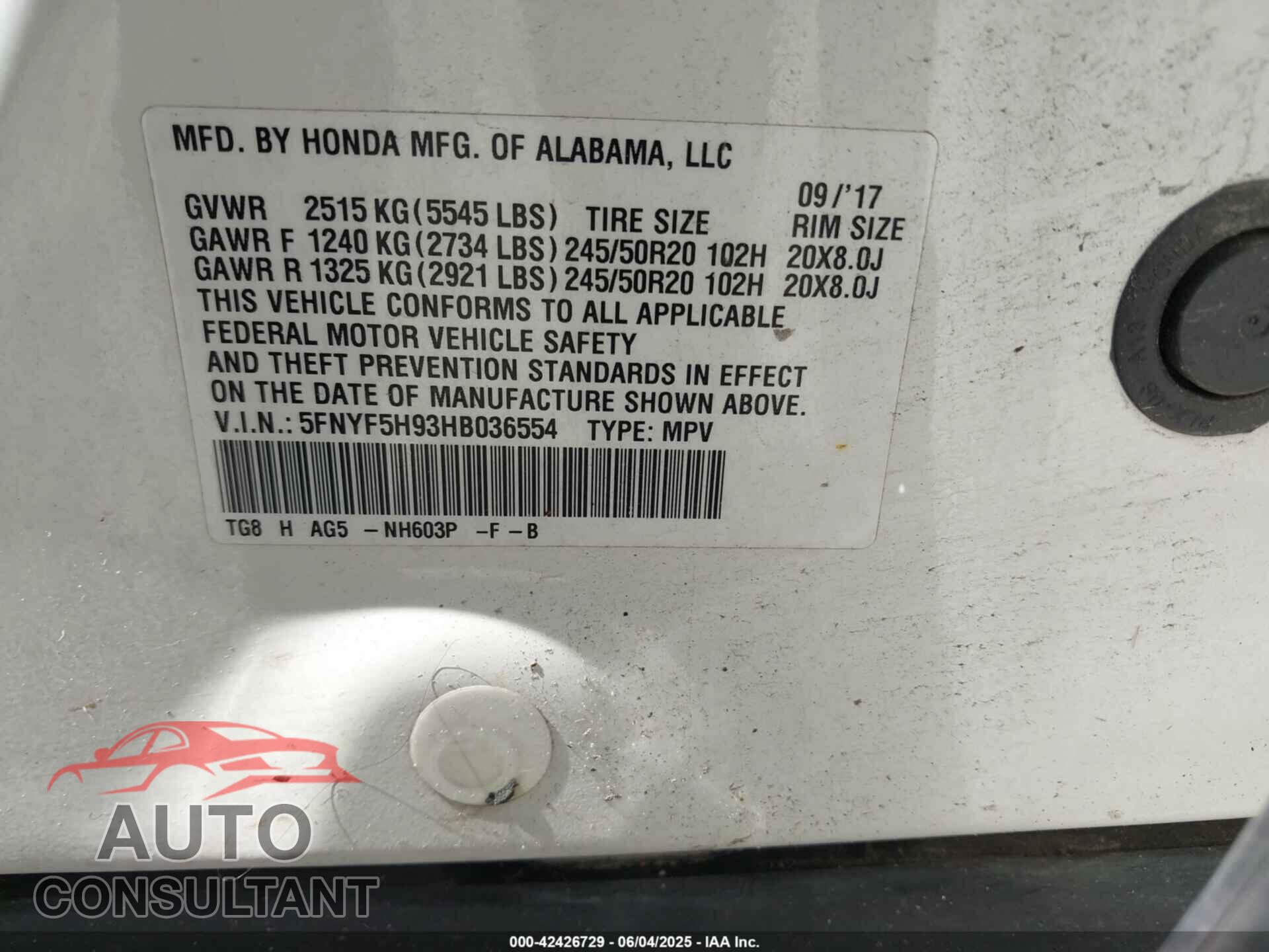 HONDA PILOT 2017 - 5FNYF5H93HB036554
