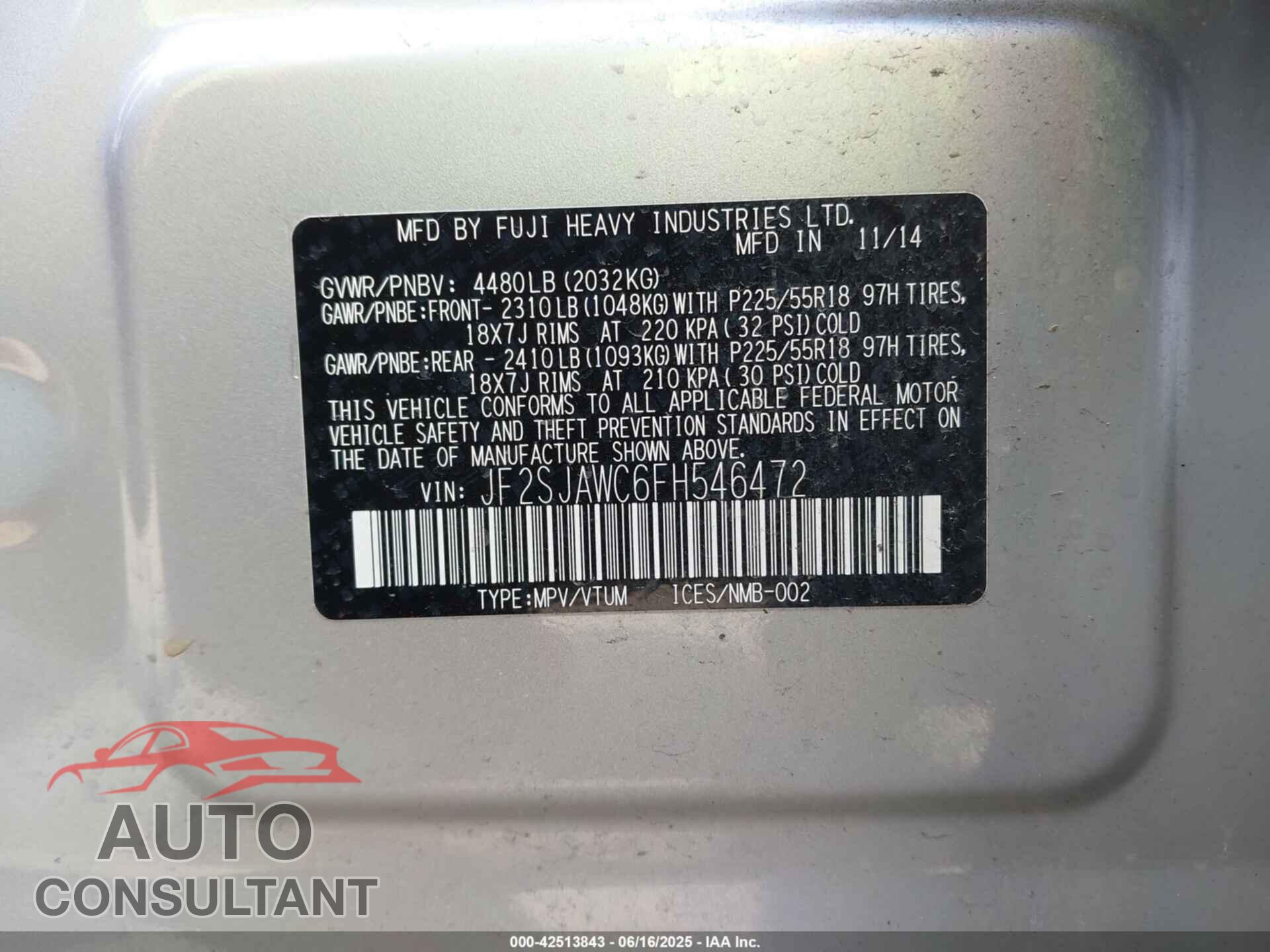 SUBARU FORESTER 2015 - JF2SJAWC6FH546472