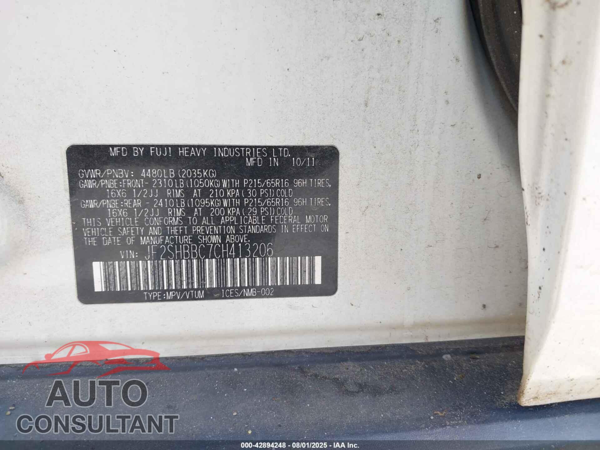 SUBARU FORESTER 2012 - JF2SHBBC7CH413206