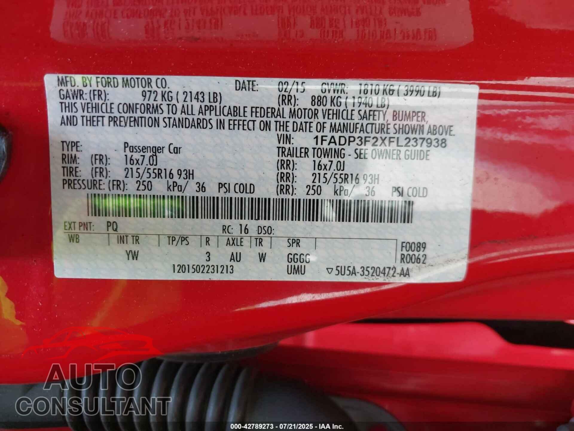 FORD FOCUS 2015 - 1FADP3F2XFL237938
