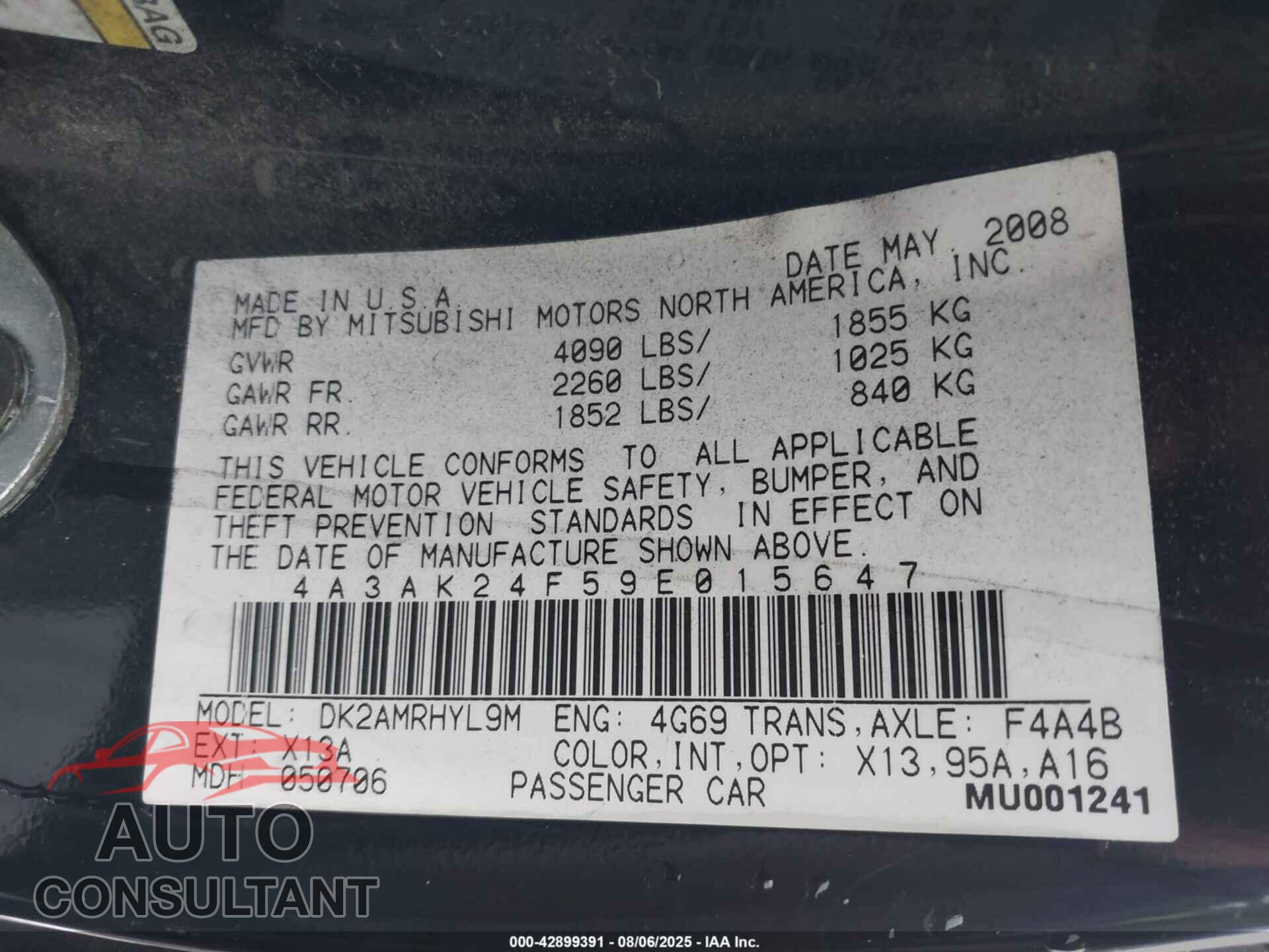 MITSUBISHI ECLIPSE 2009 - 4A3AK24F59E015647