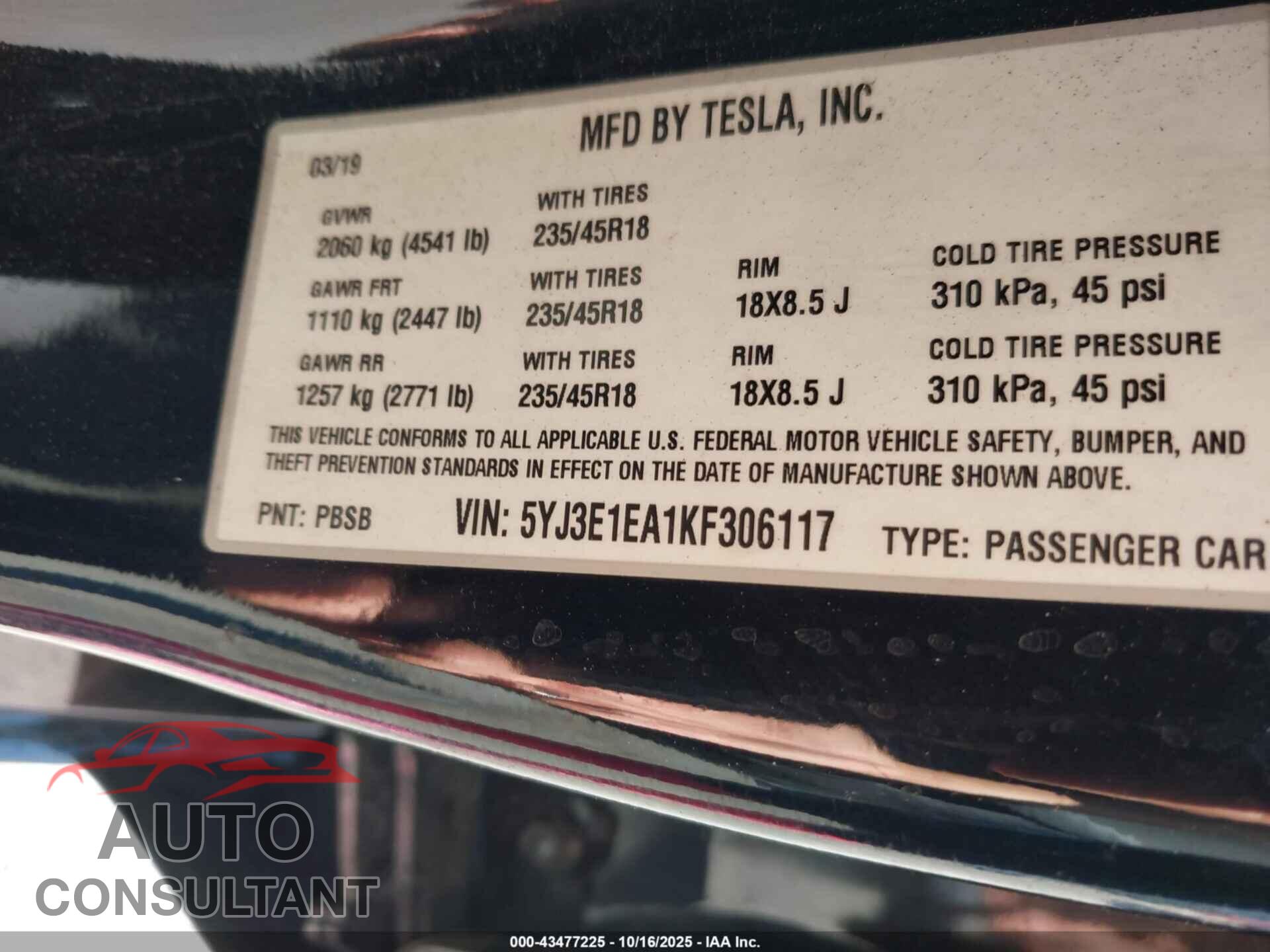 TESLA MODEL 3 2019 - 5YJ3E1EA1KF306117