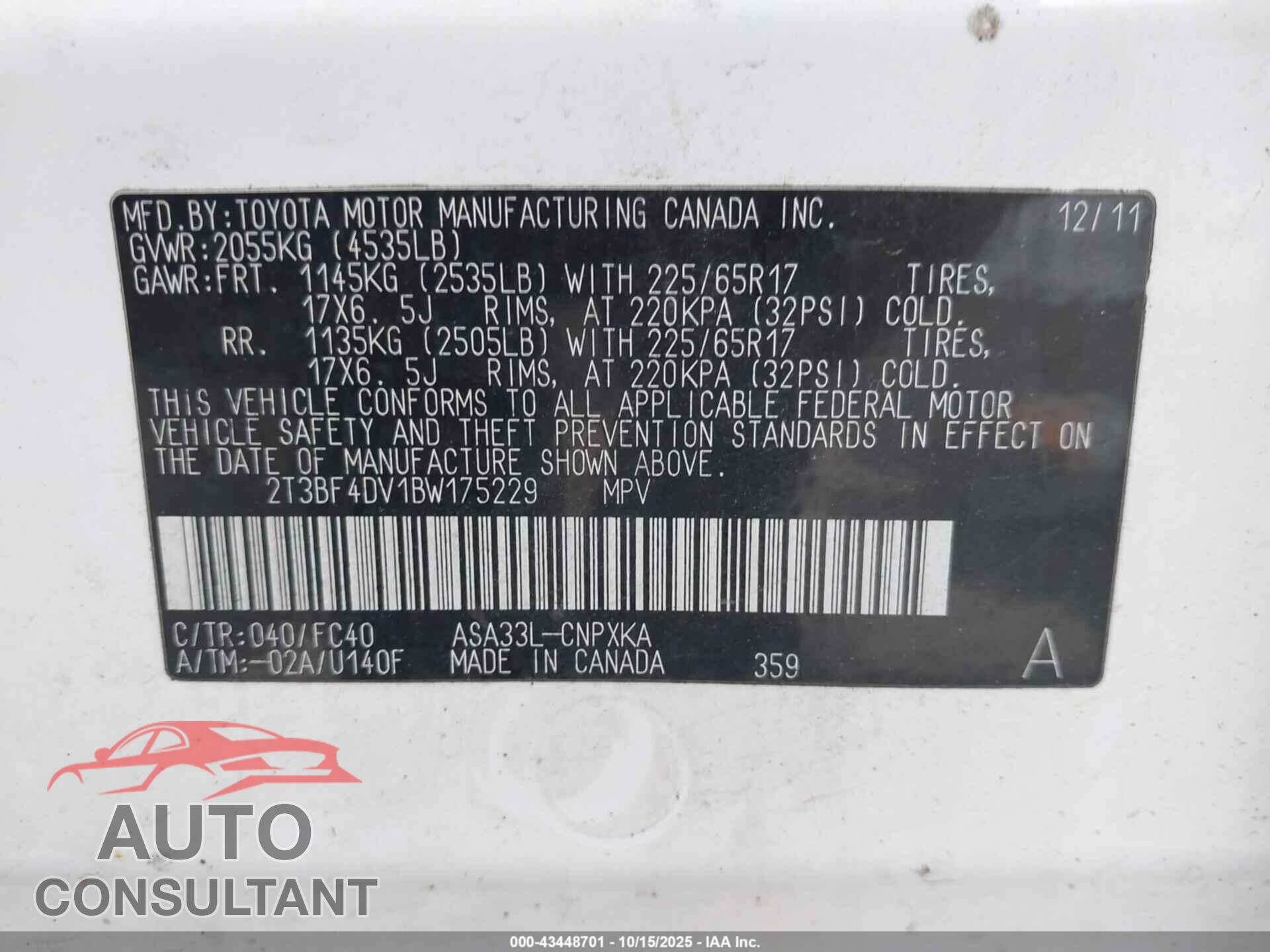 TOYOTA RAV4 2011 - 2T3BF4DV1BW175229