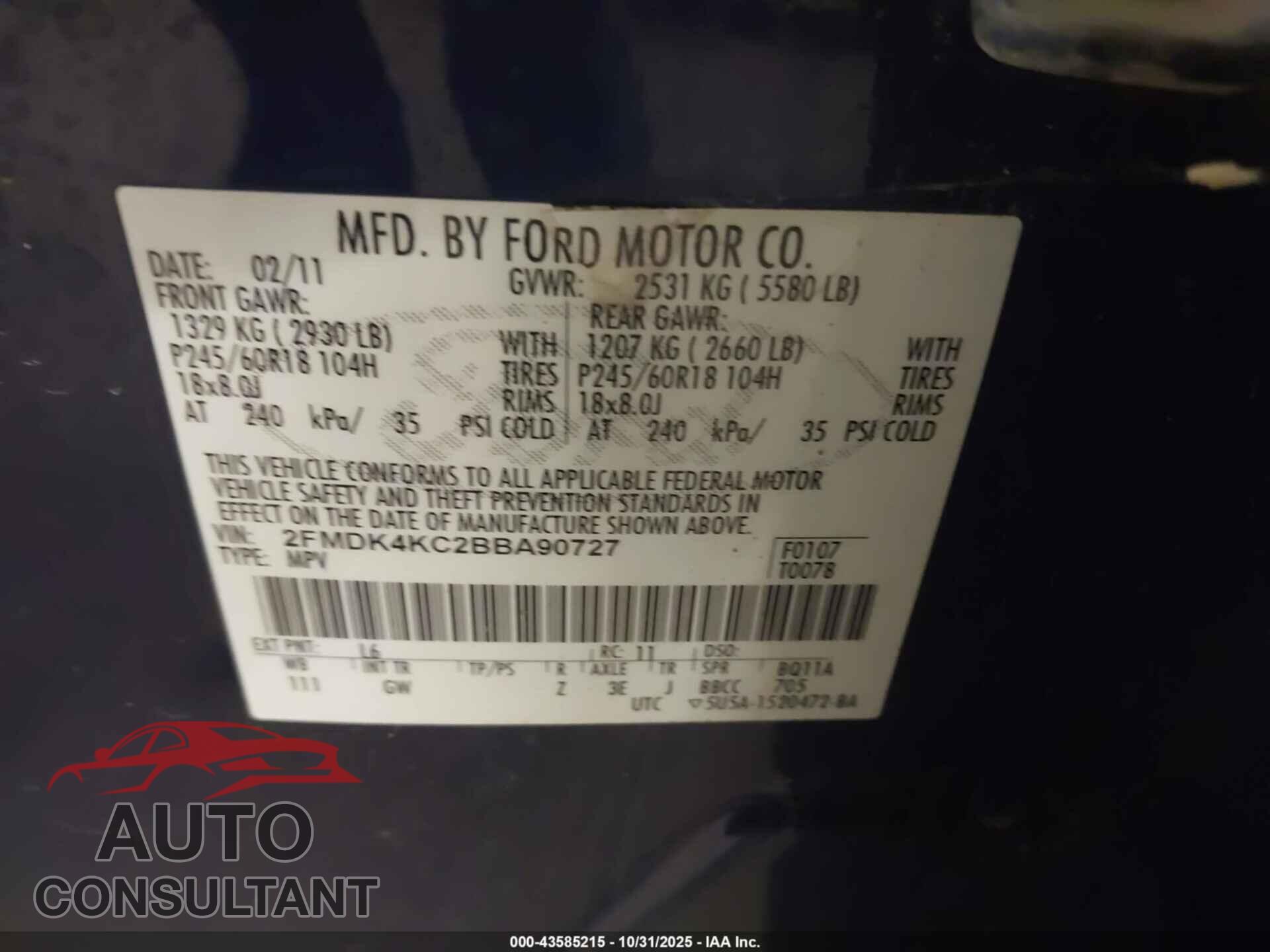 FORD EDGE 2011 - 2FMDK4KC2BBA90727
