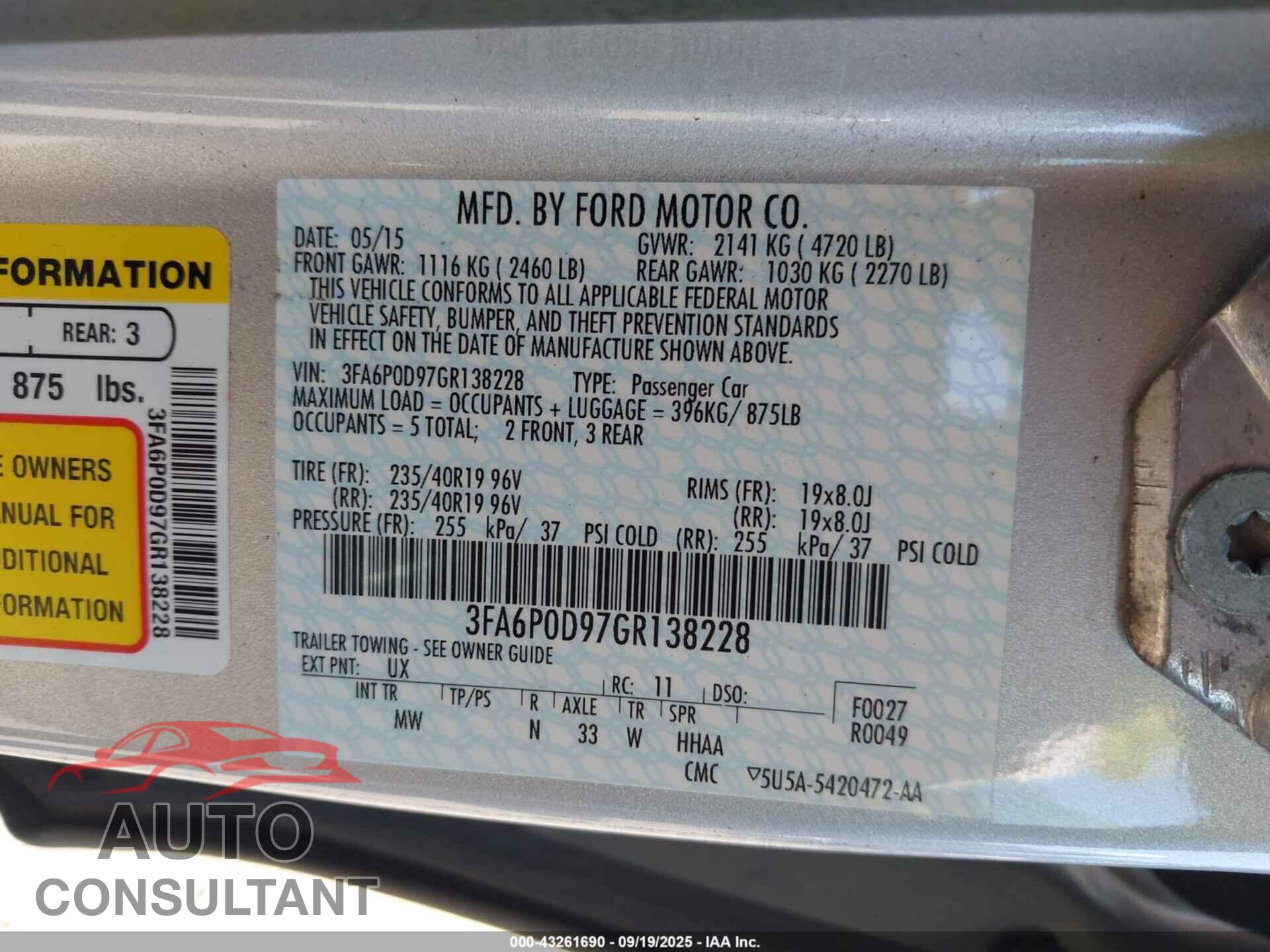 FORD FUSION 2016 - 3FA6P0D97GR138228