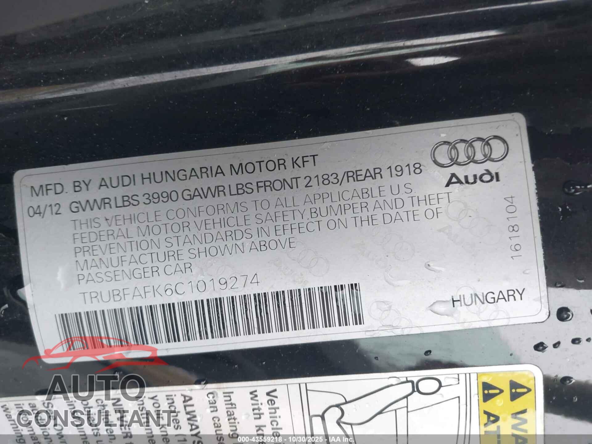 AUDI TT 2012 - TRUBFAFK6C1019274