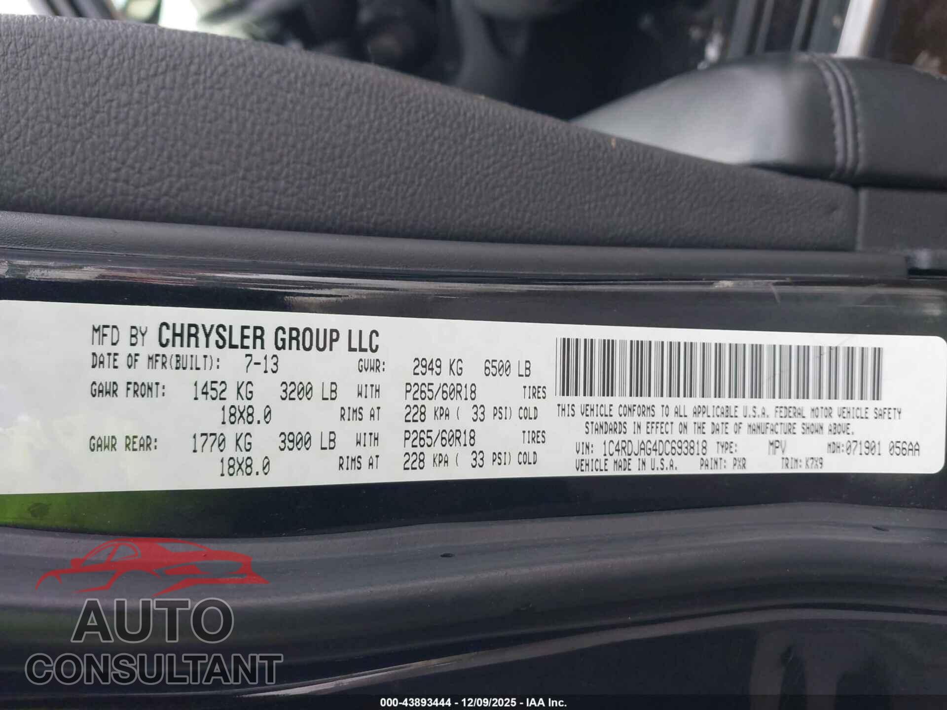 DODGE DURANGO 2013 - 1C4RDJAG4DC693818