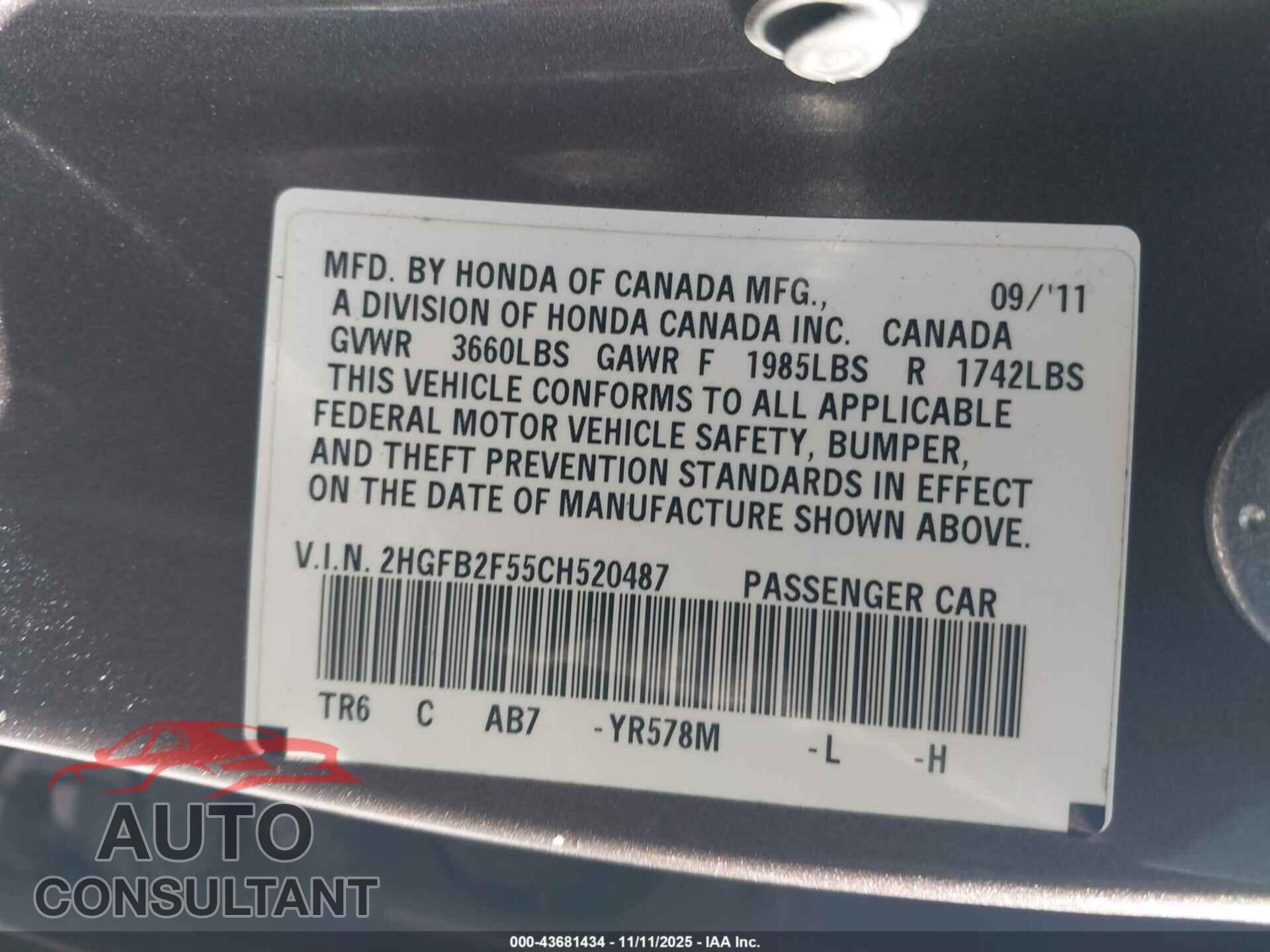 HONDA CIVIC 2012 - 2HGFB2F55CH520487