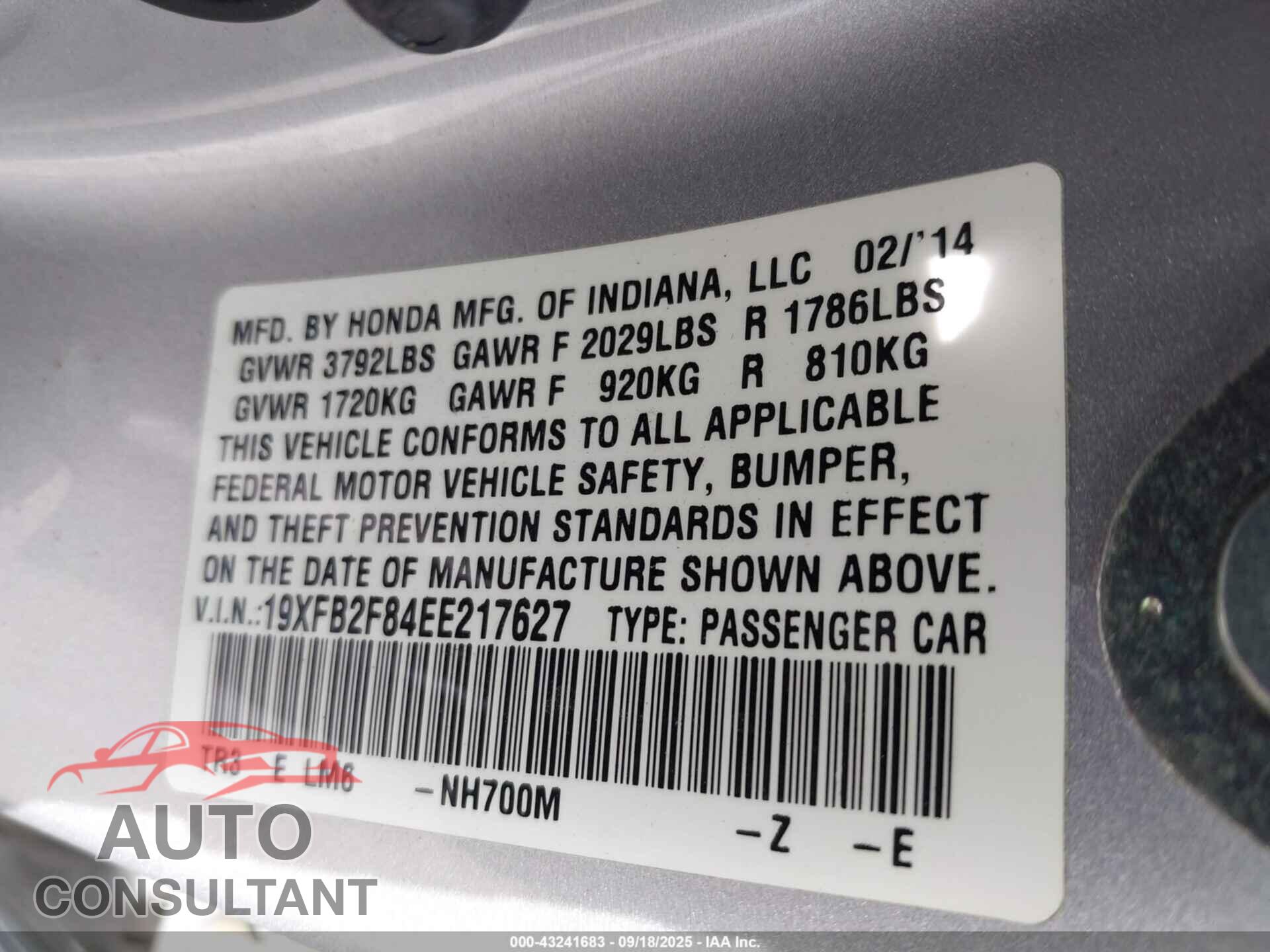 HONDA CIVIC 2014 - 19XFB2F84EE217627