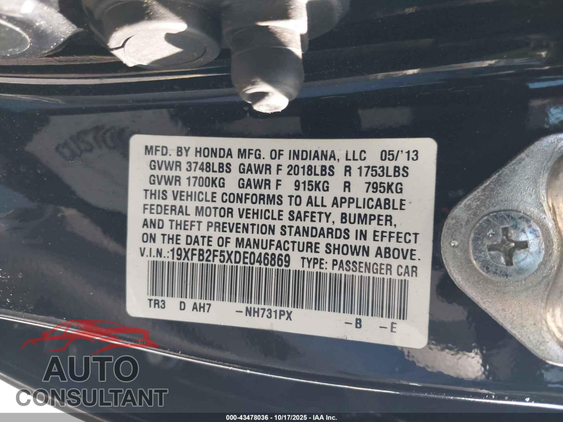 HONDA CIVIC 2013 - 19XFB2F5XDE046869