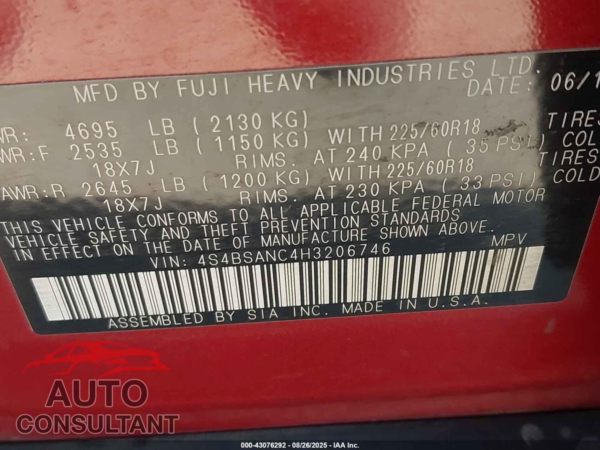 SUBARU OUTBACK 2017 - 4S4BSANC4H3206746