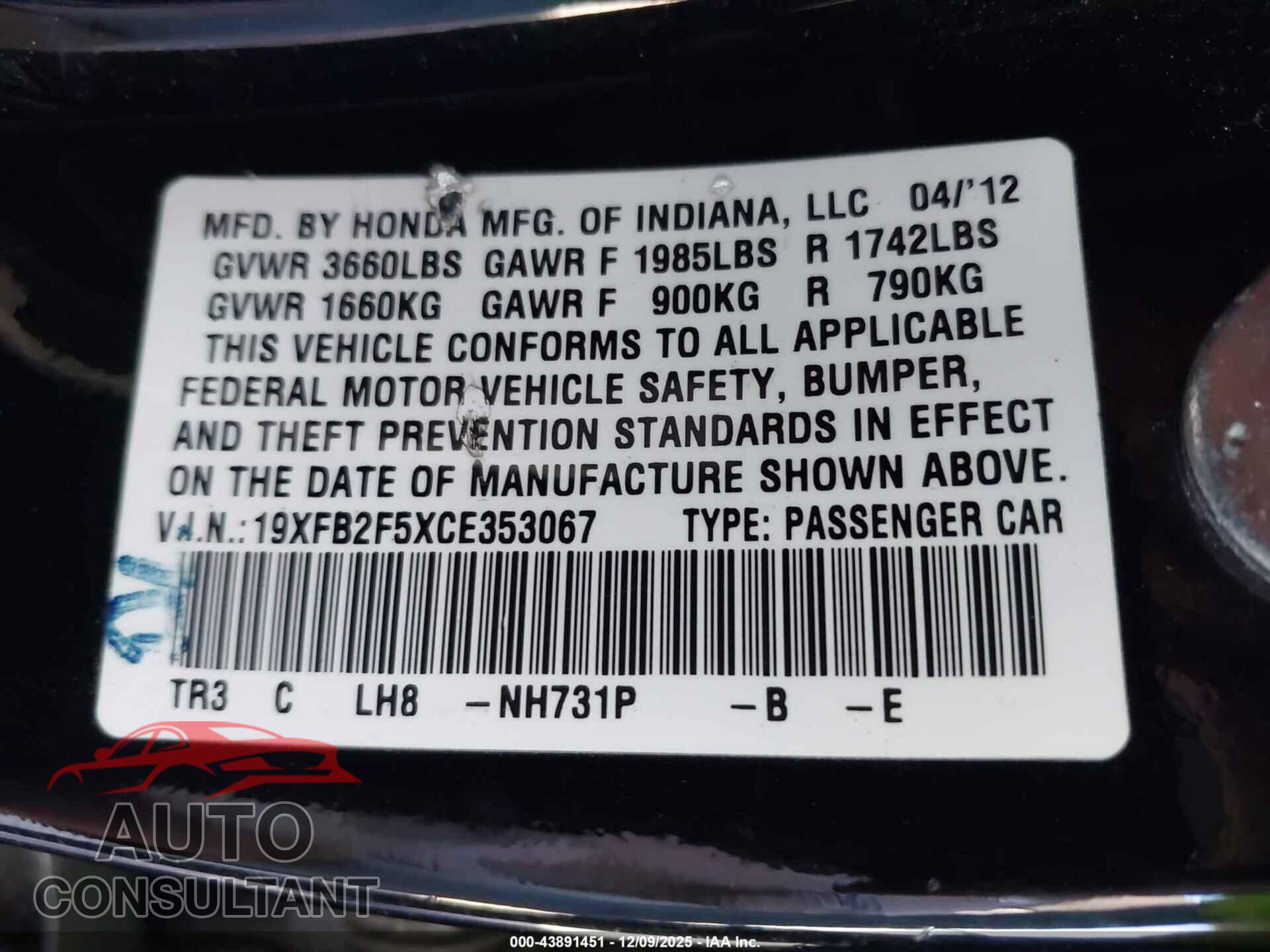 HONDA CIVIC 2012 - 19XFB2F5XCE353067