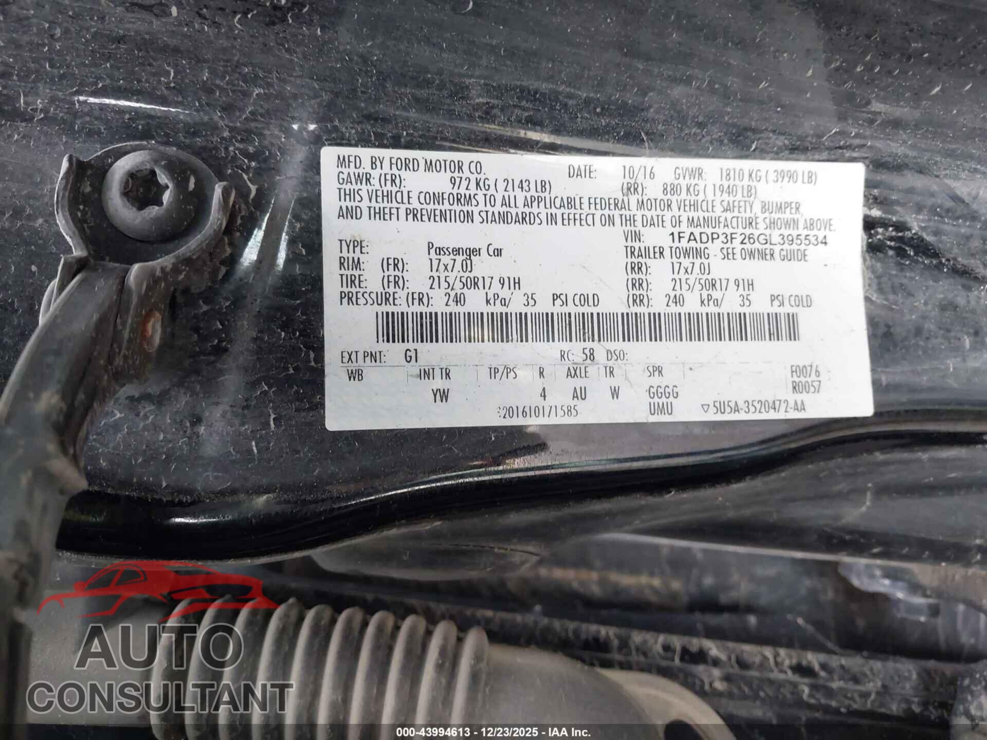 FORD FOCUS 2016 - 1FADP3F26GL395534