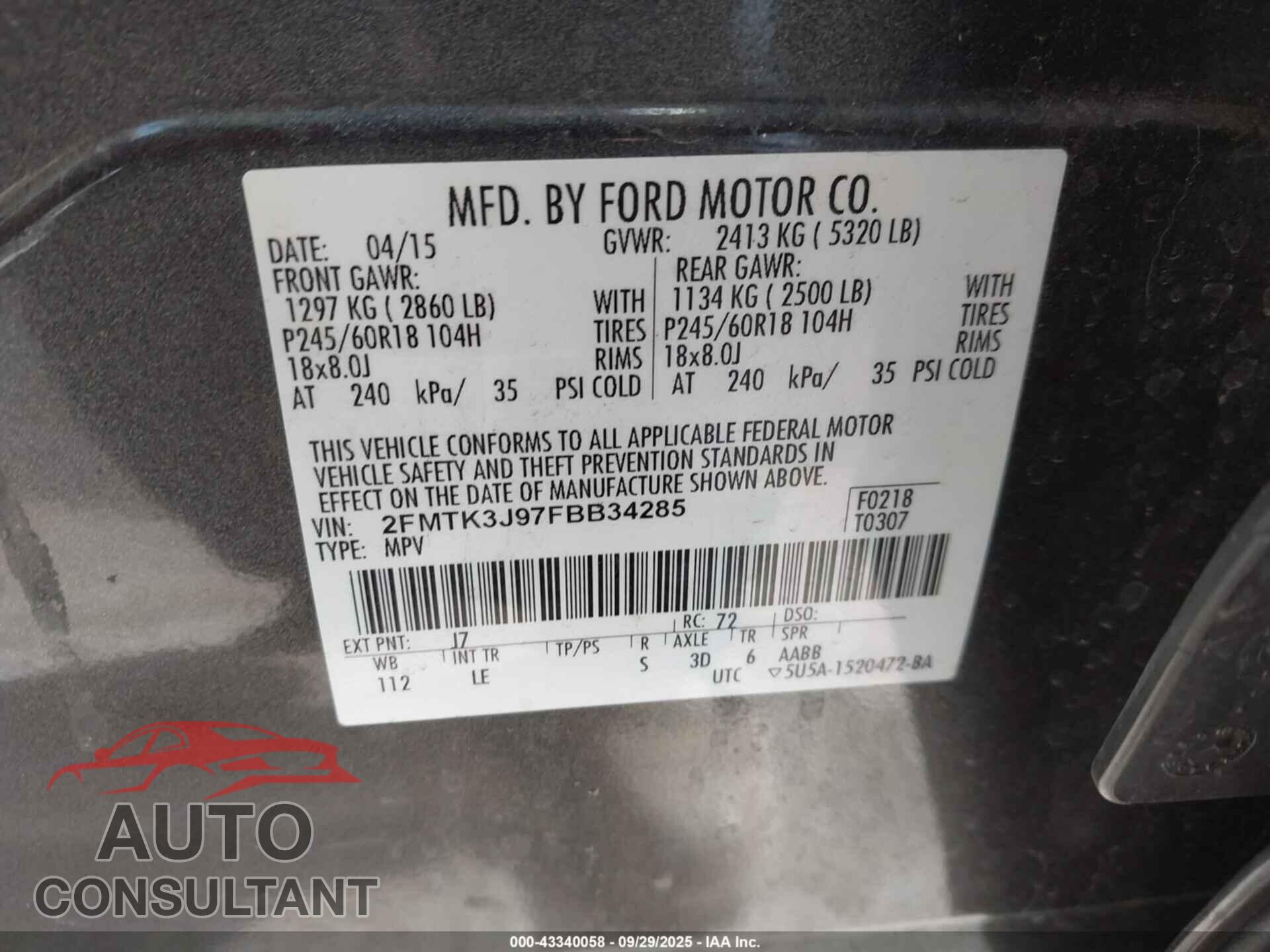FORD EDGE 2015 - 2FMTK3J97FBB34285