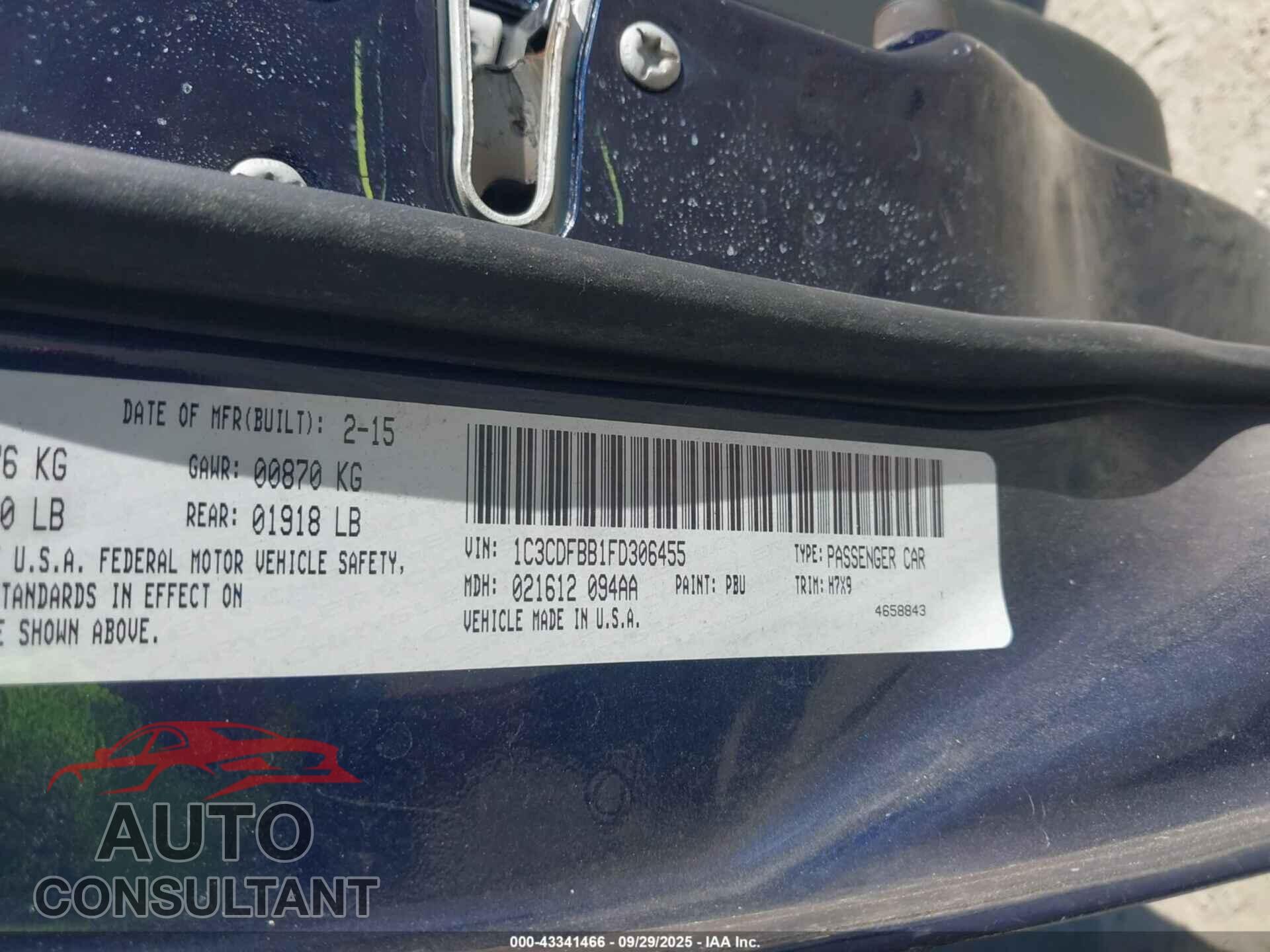DODGE DART 2015 - 1C3CDFBB1FD306455