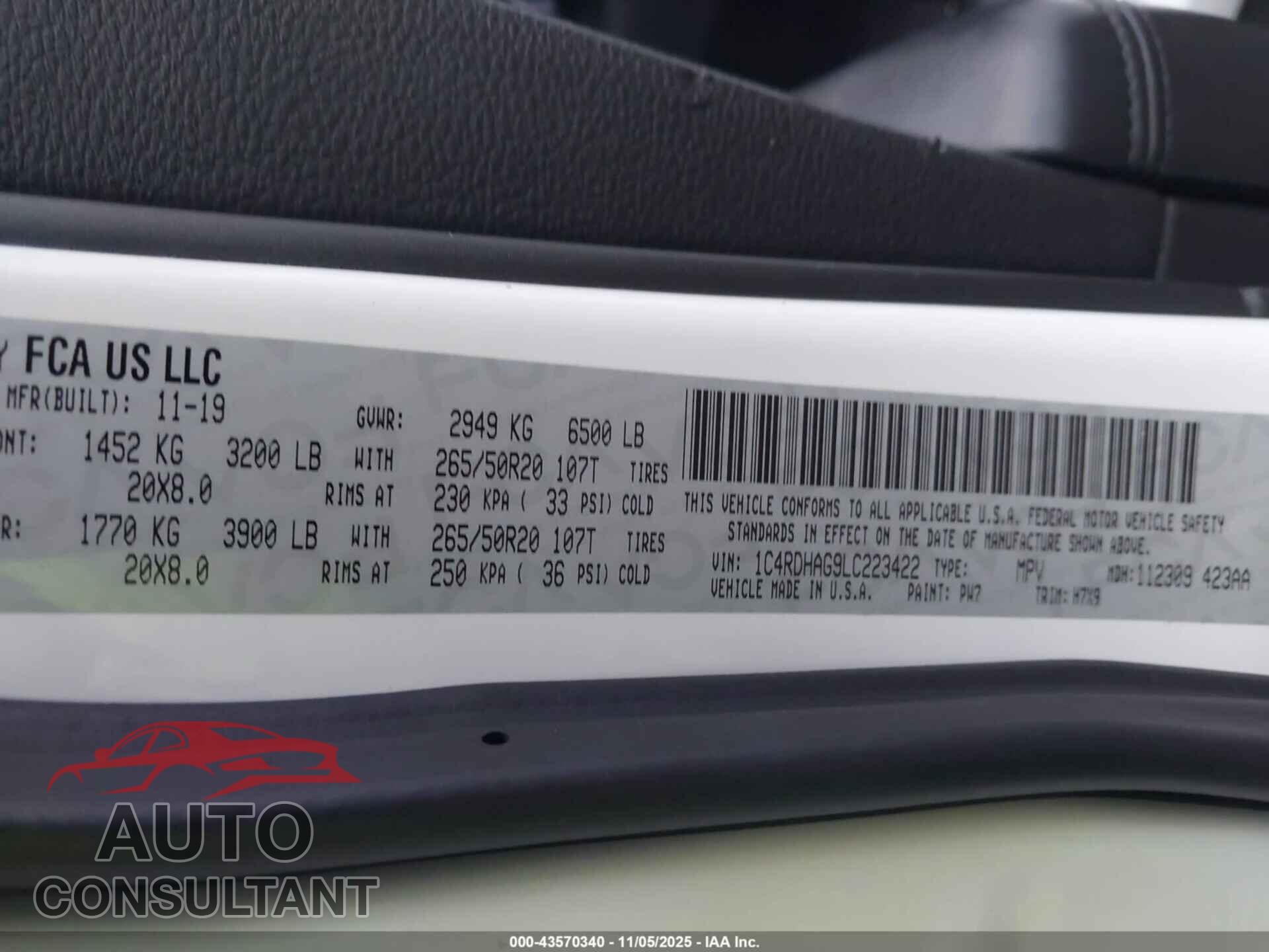 DODGE DURANGO 2020 - 1C4RDHAG9LC223422