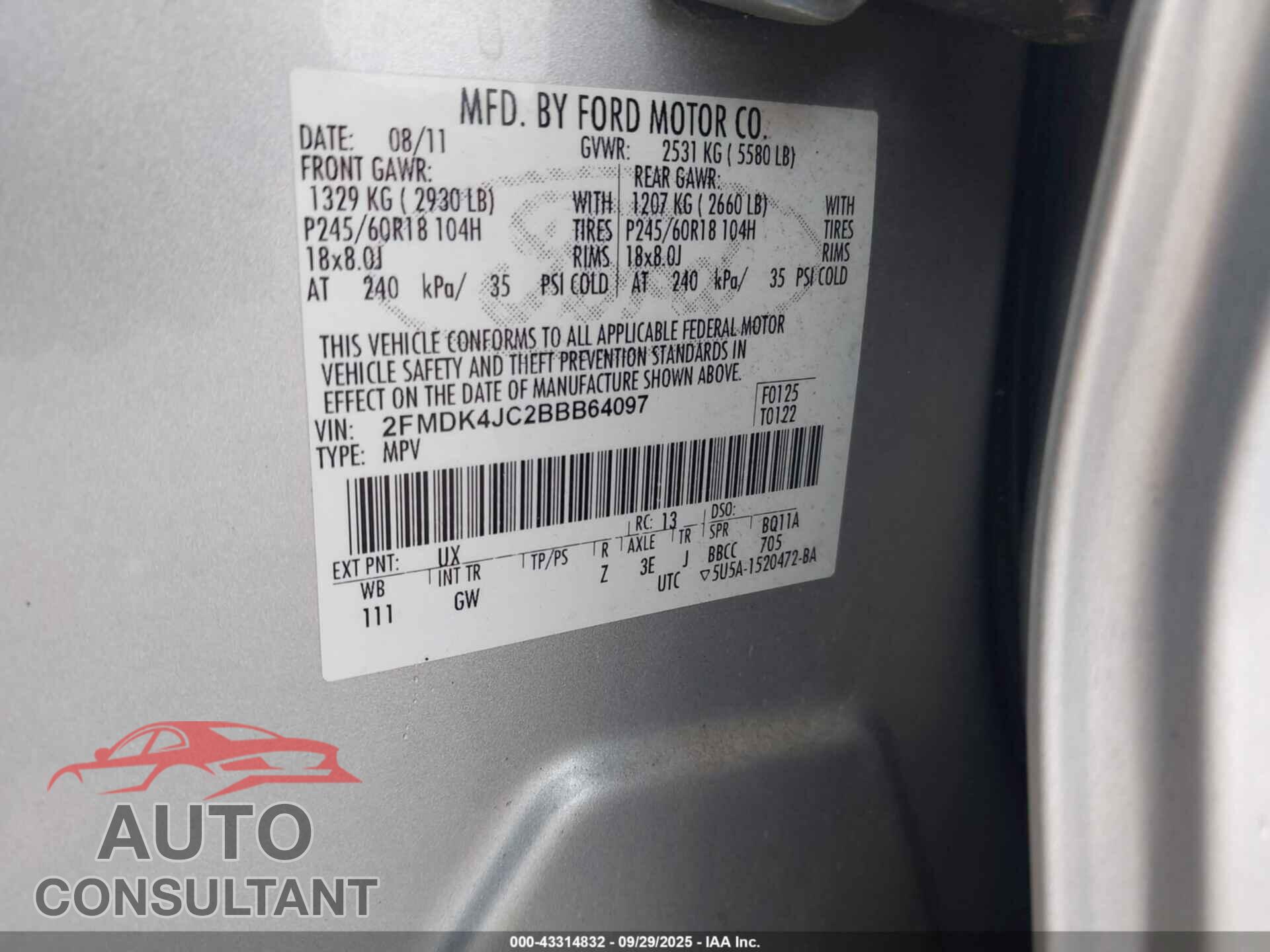 FORD EDGE 2011 - 2FMDK4JC2BBB64097