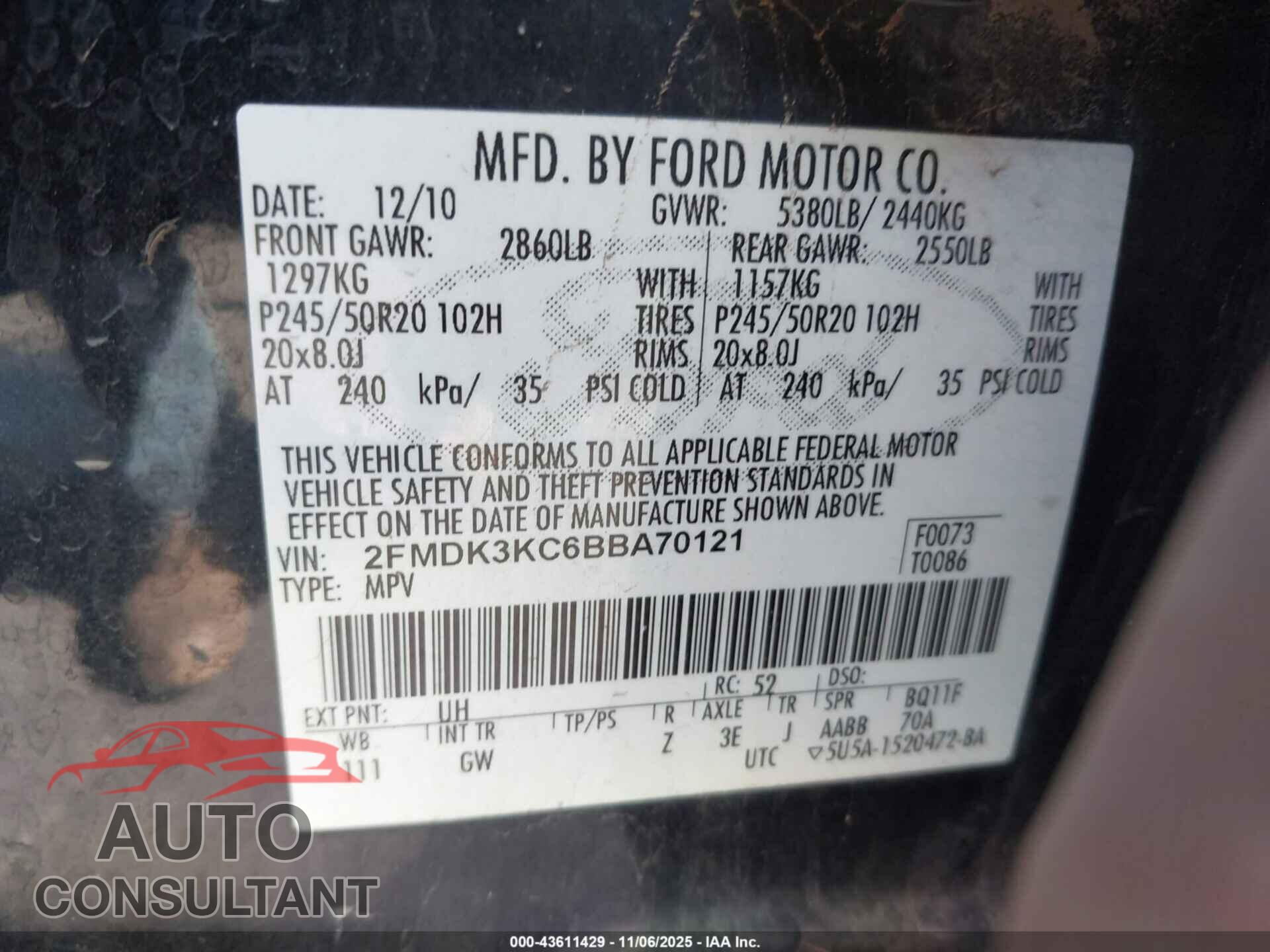 FORD EDGE 2011 - 2FMDK3KC6BBA70121
