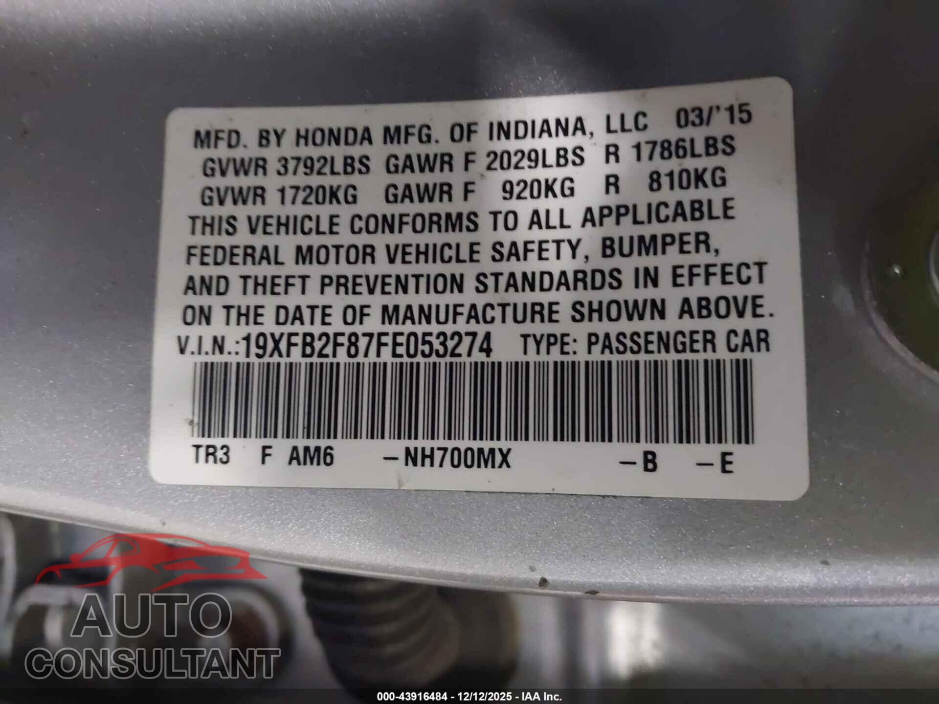 HONDA CIVIC 2015 - 19XFB2F87FE053274