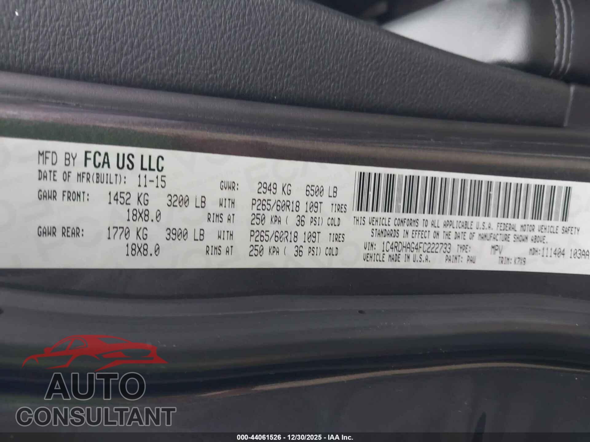 DODGE DURANGO 2015 - 1C4RDHAG4FC222733