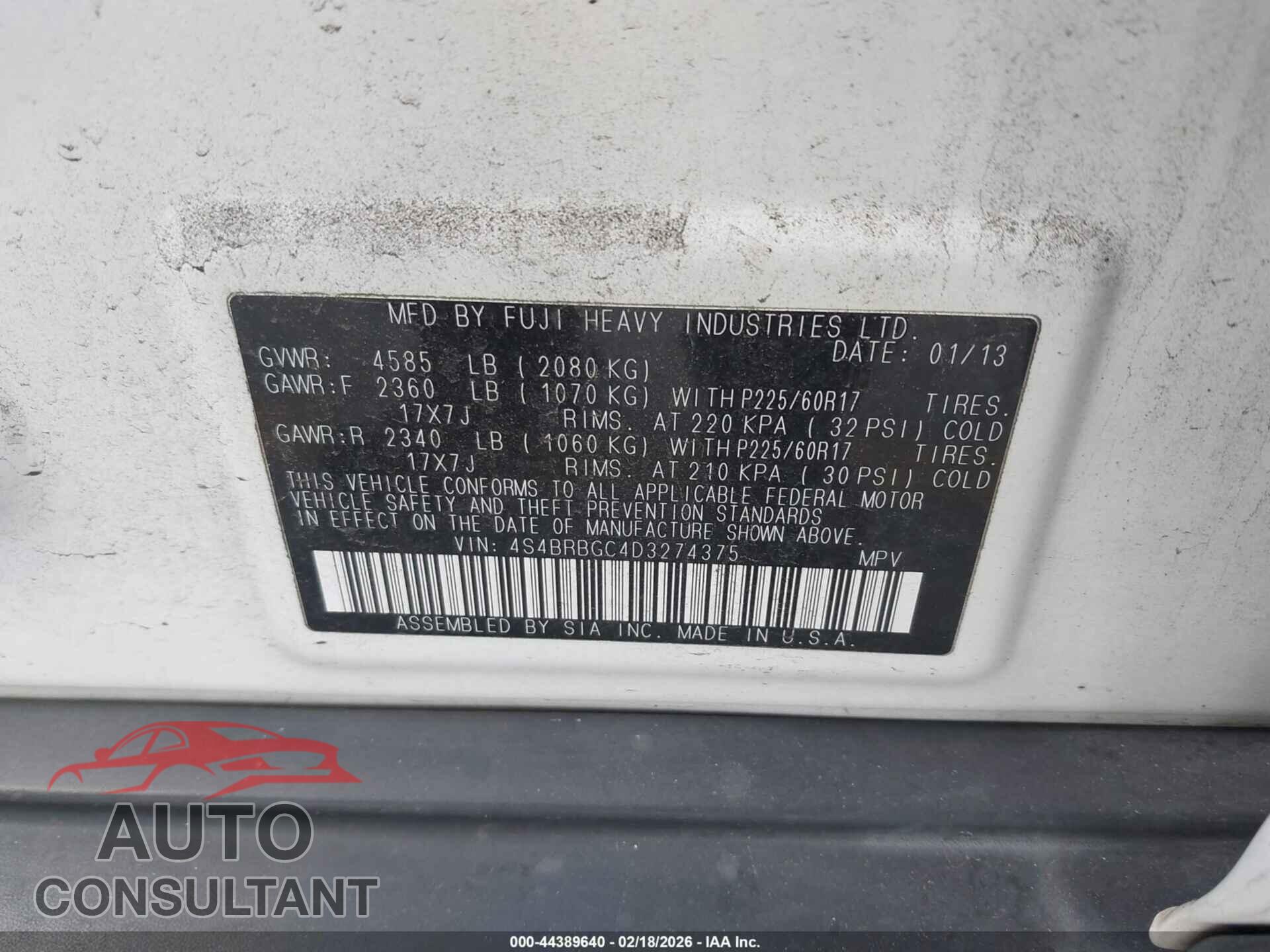 SUBARU OUTBACK 2013 - 4S4BRBGC4D3274375