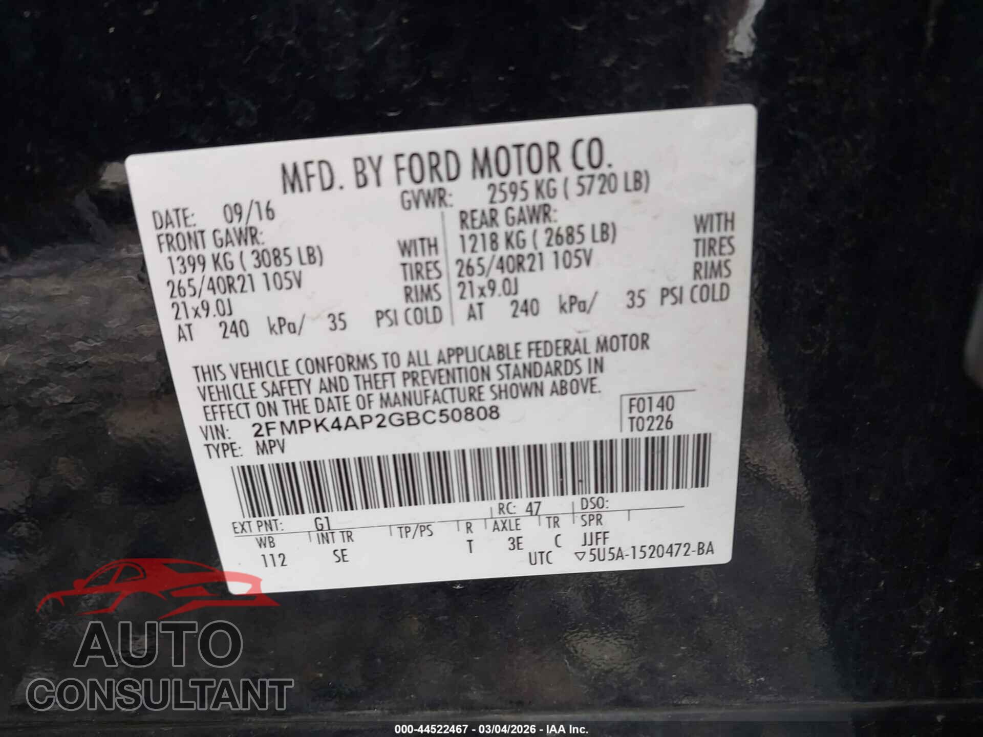 FORD EDGE 2016 - 2FMPK4AP2GBC50808