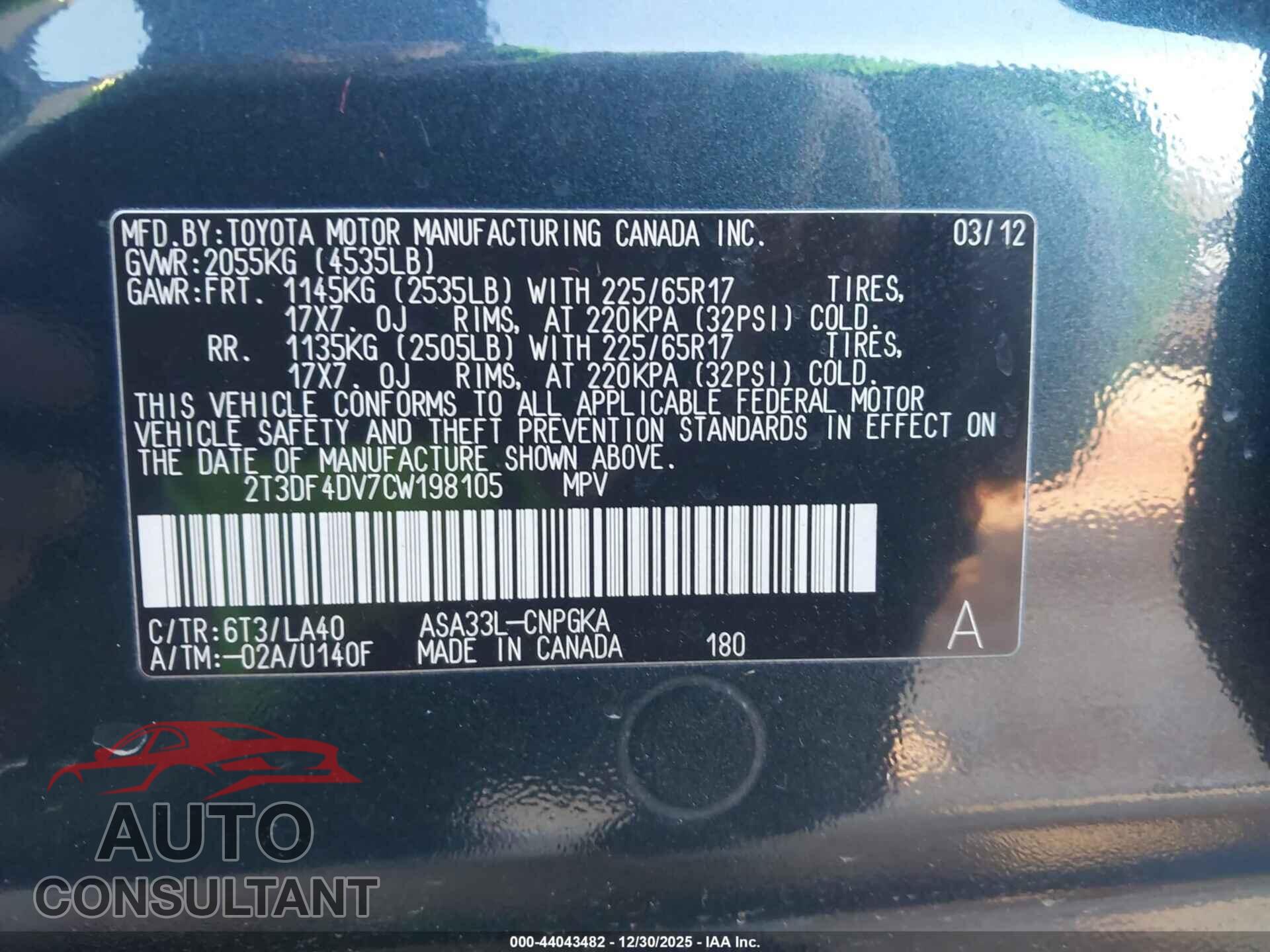 TOYOTA RAV4 2012 - 2T3DF4DV7CW198105