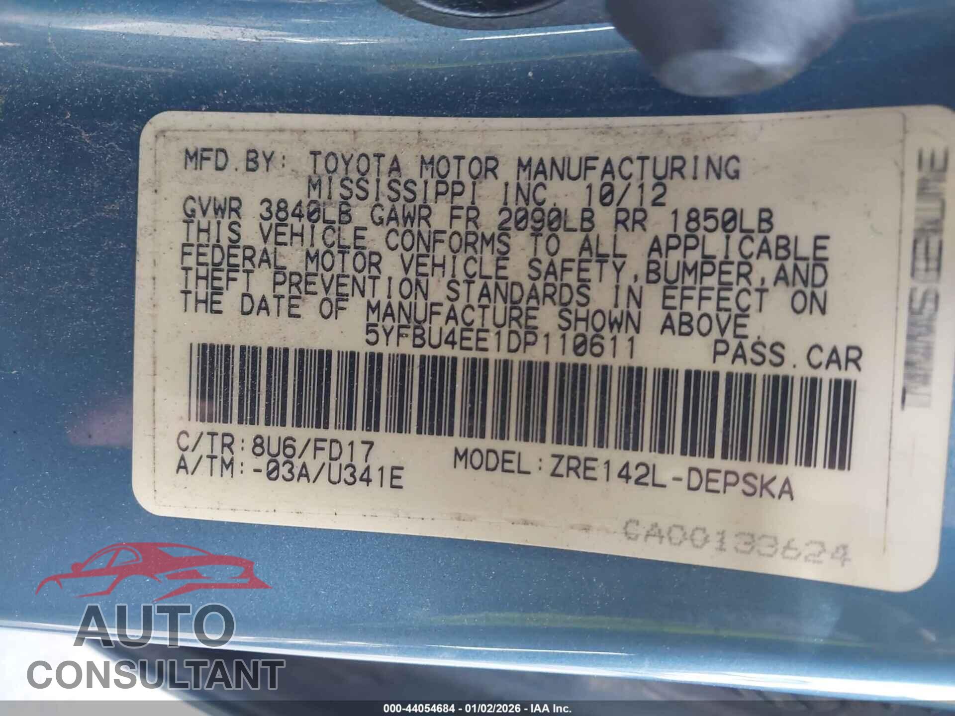 TOYOTA COROLLA 2013 - 5YFBU4EE1DP110611