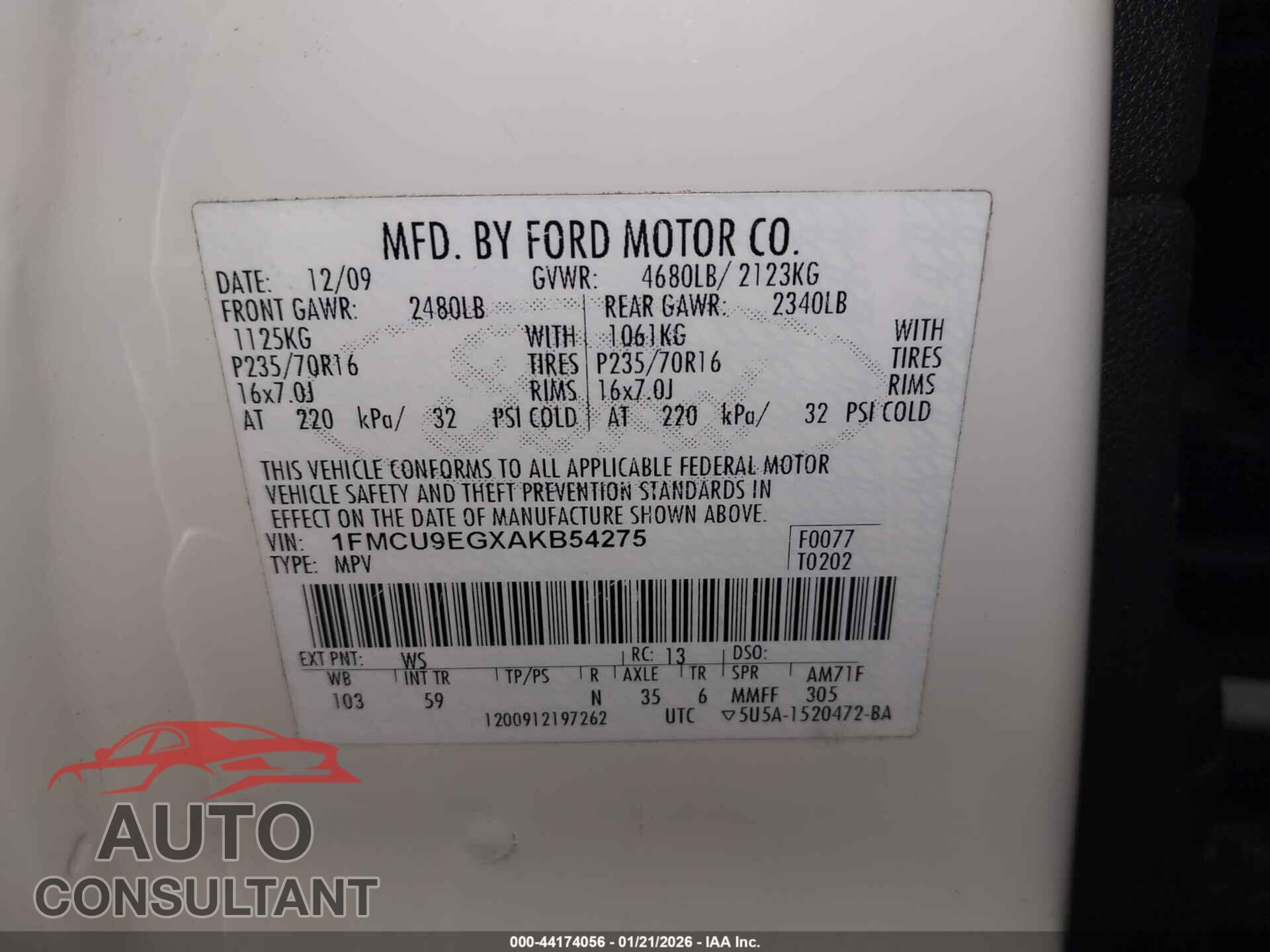 FORD ESCAPE 2010 - 1FMCU9EGXAKB54275
